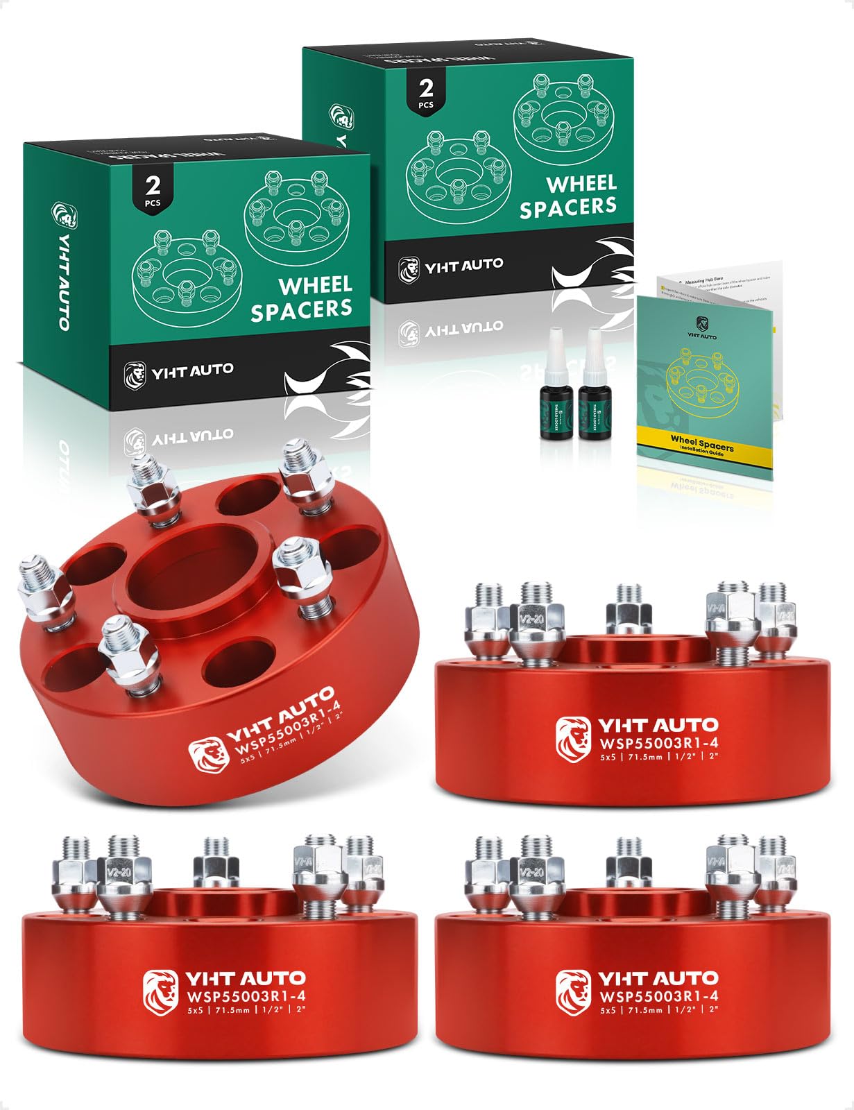 YHTAUTO 5x5 Hub Centric Wheel Spacers 2 Inch Fits for JL JK WK WJ XK 1999-2018 Jeep Grand Cherokee, Wrangler, Commander, 5x127mm Tire Spacers w/1/2-20 & 12.9 Grade Studs 71.5mm Hub Bore 4PCS Red