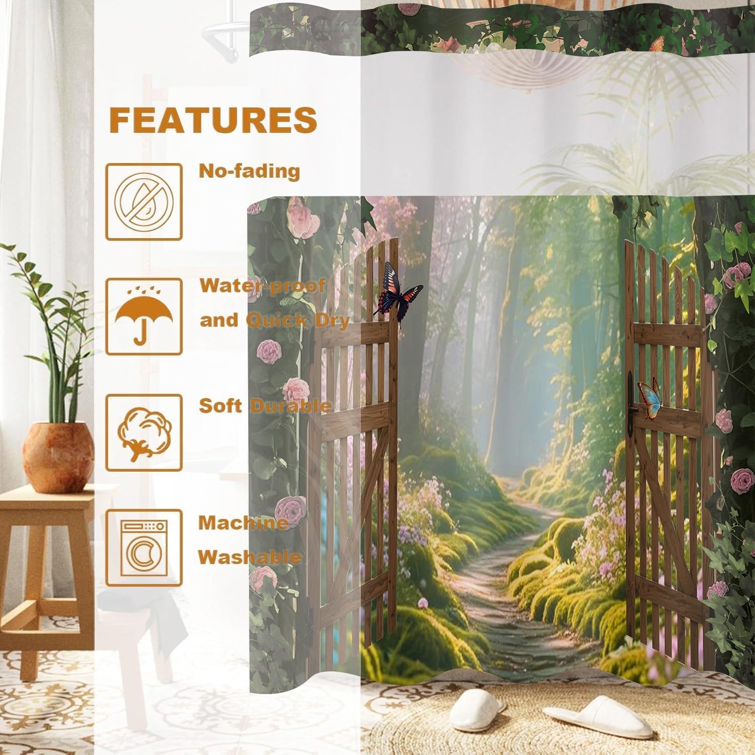 No Hook Shower Curtain with Snap in Liner Set, Forest Shower Curtains, Natural Bathroom Decoration with Green Forest Landscape, Through Mesh Top Window, Machine Washable, 71x84 in