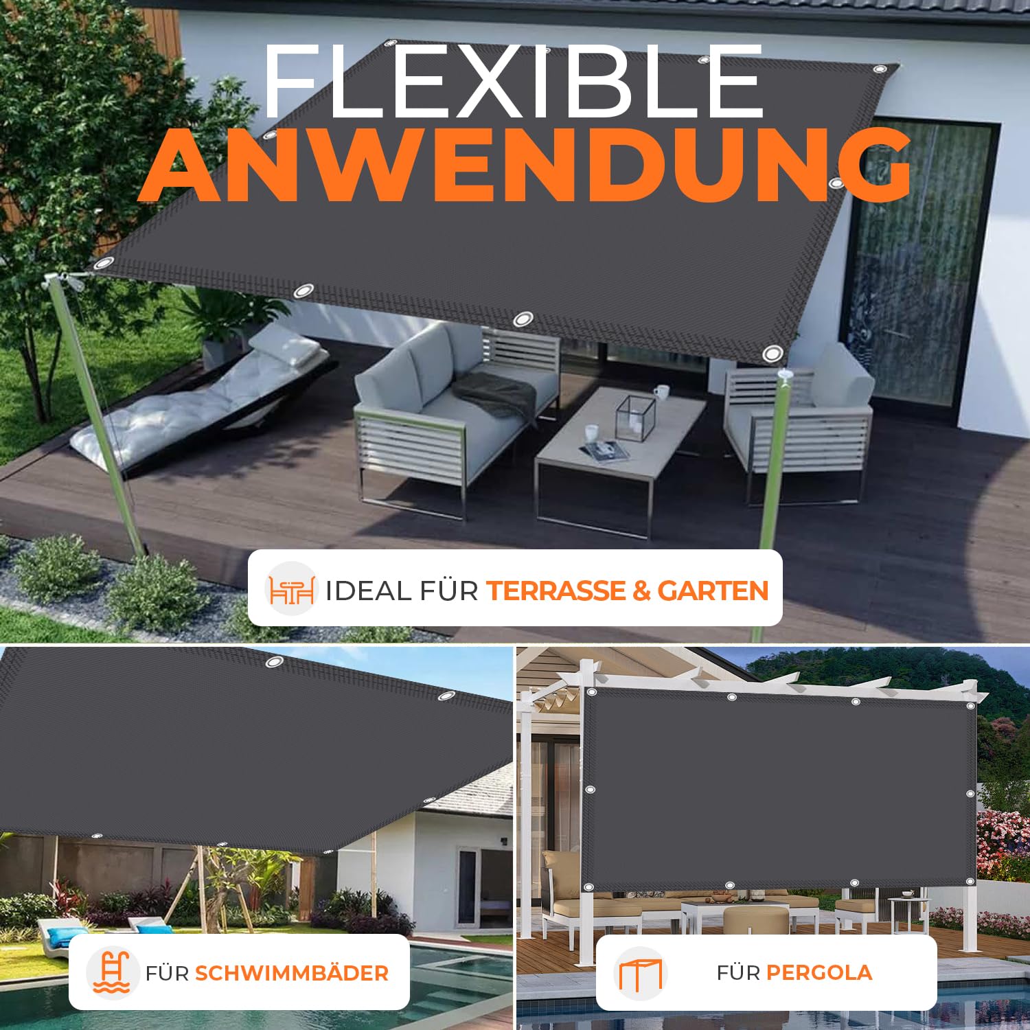 Sonnensegel Wasserdicht mit Verstärkten Edelstahl-Ösen Rechteckig 2x4m– UV-Schutz 95%, Wetterfest, Reißfest, Ideal für Terrasse, Garten,Balkon- Hellgrau
