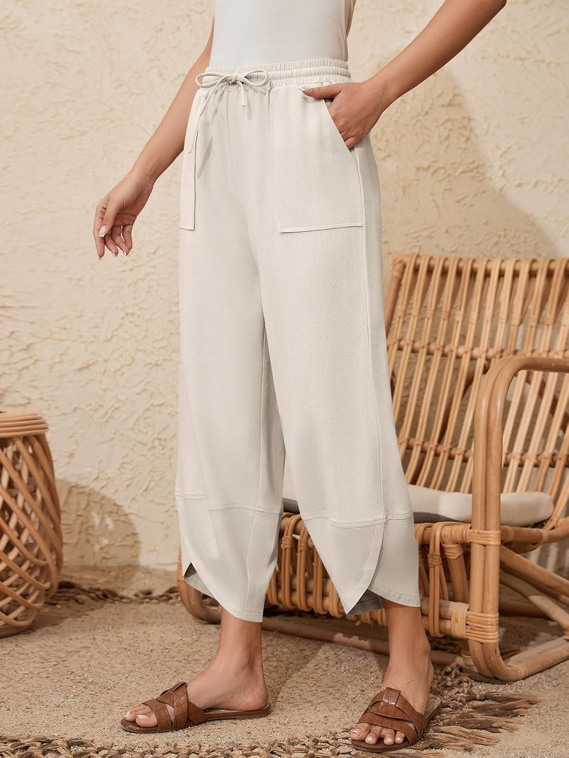 Womens Barrel Harem Linen Pants Wide Leg Pants Baggy Palazzo Drawstring Elastic Waist with Pockets Beach - Image 2