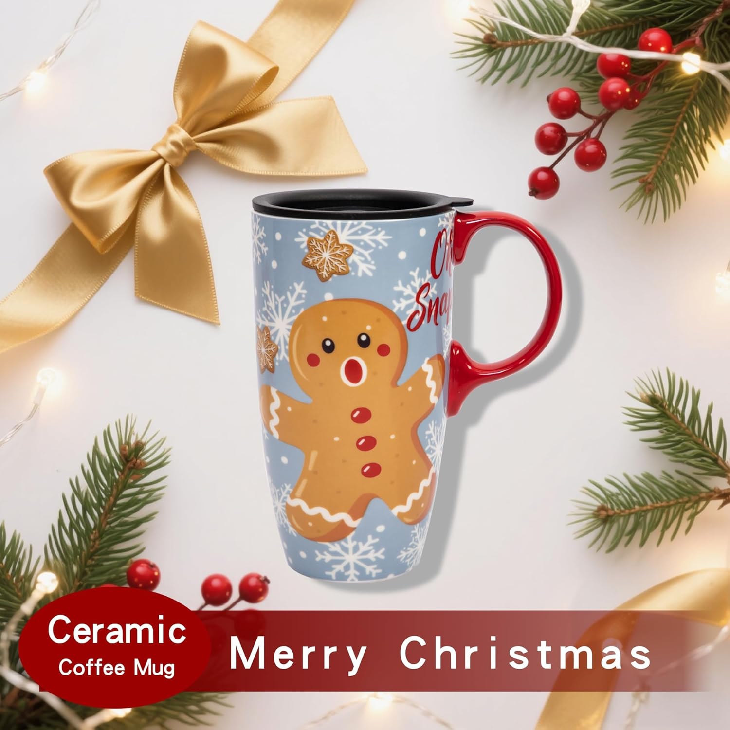 Topadorn Christmas Coffee Ceramic Mug Porcelain Latte Tea Cup With Lid 17oz. Gingerbread - Image 7