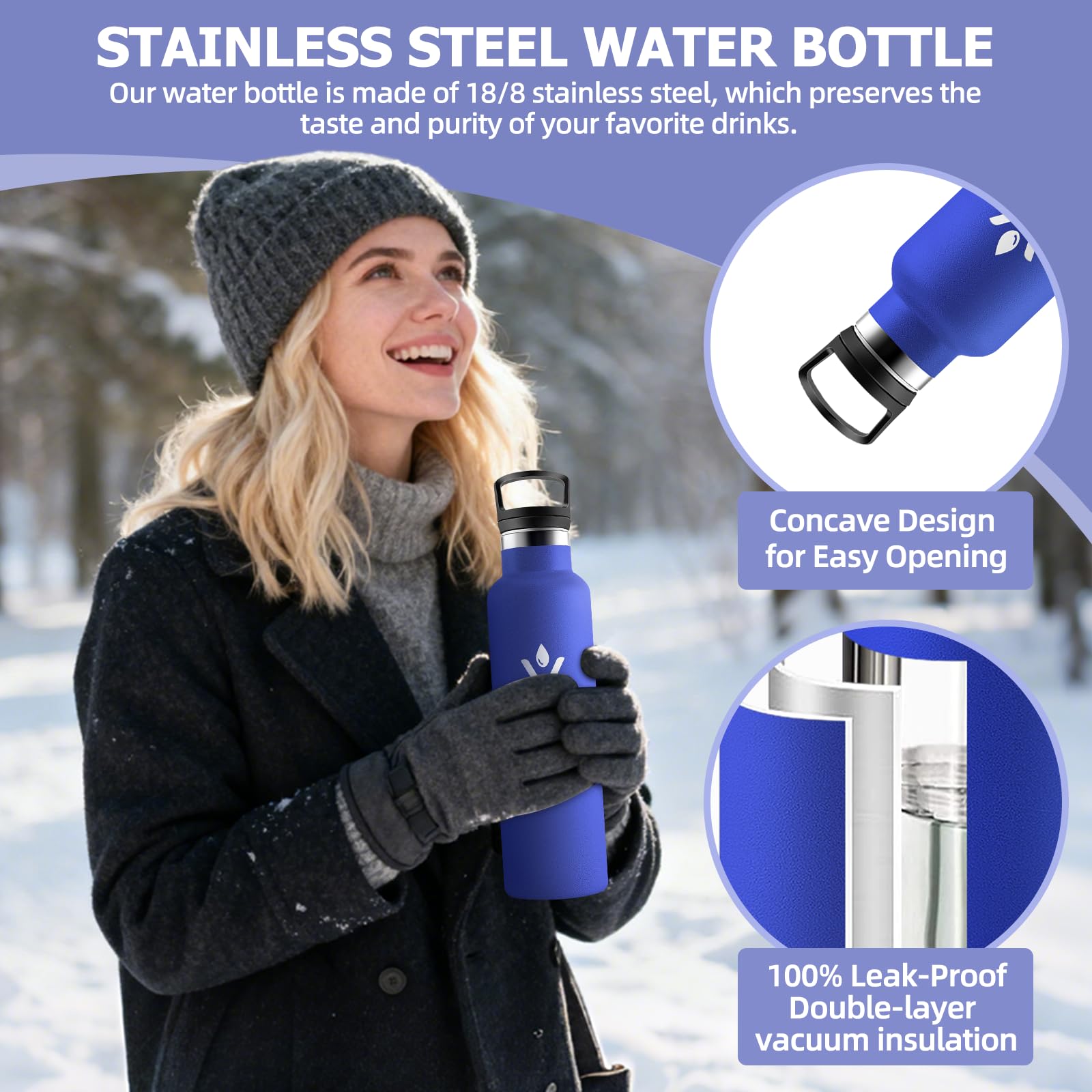 Motswedi Borraccia Termica, 750ml Con 2 Tappi, Borraccia con Cannuccia, Doppia Parete, Bottiglia Termica, A Prova di Perdite, Bottiglia acqua Per Scuola, Campeggio, Palestra, Sport, Blu Reale