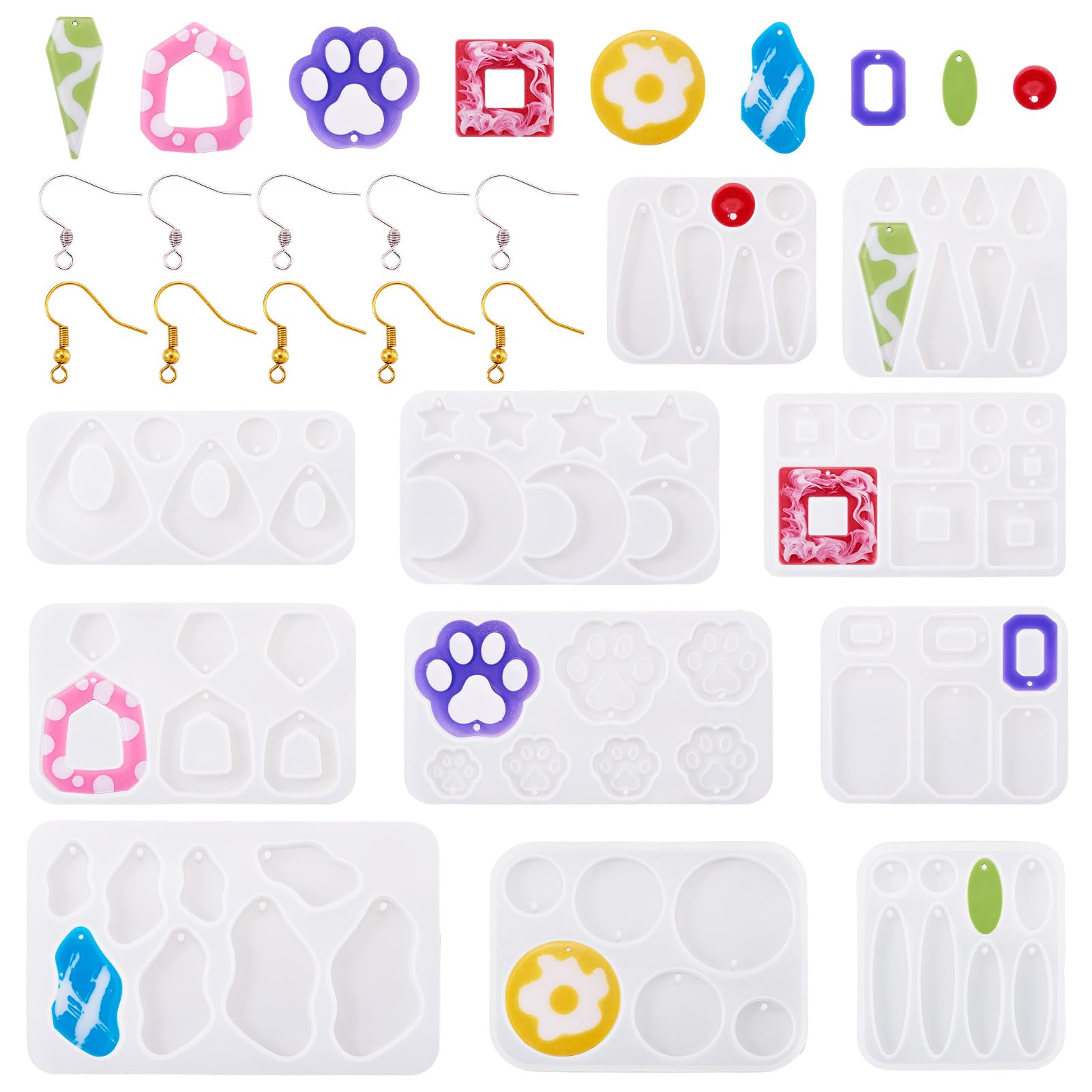 PandaHall 11pcs Silicone Molds Paw Print Teardrop Jewelry UV Resin Moulds with Earring Hooks for Casting Epoxy Resin Jewelry Making Earring Craft