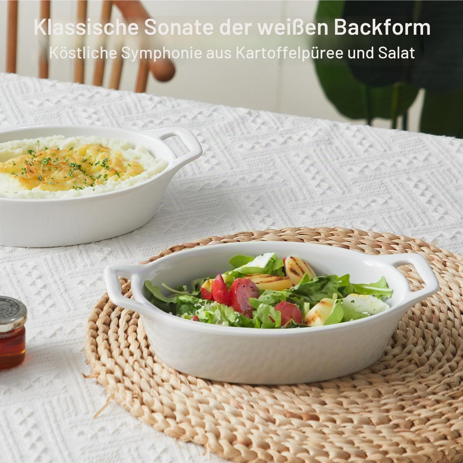 ONEMORE Au Gratin Auflaufform, 590 ml, einzelne Auflaufformen für ofenfest, ovale Keramik-Backform mit Griffen, Set mit 4 Au Gratin Pfannen zum Braten, Lasagne, Backen von Fleisch und Gemüse, Weiß