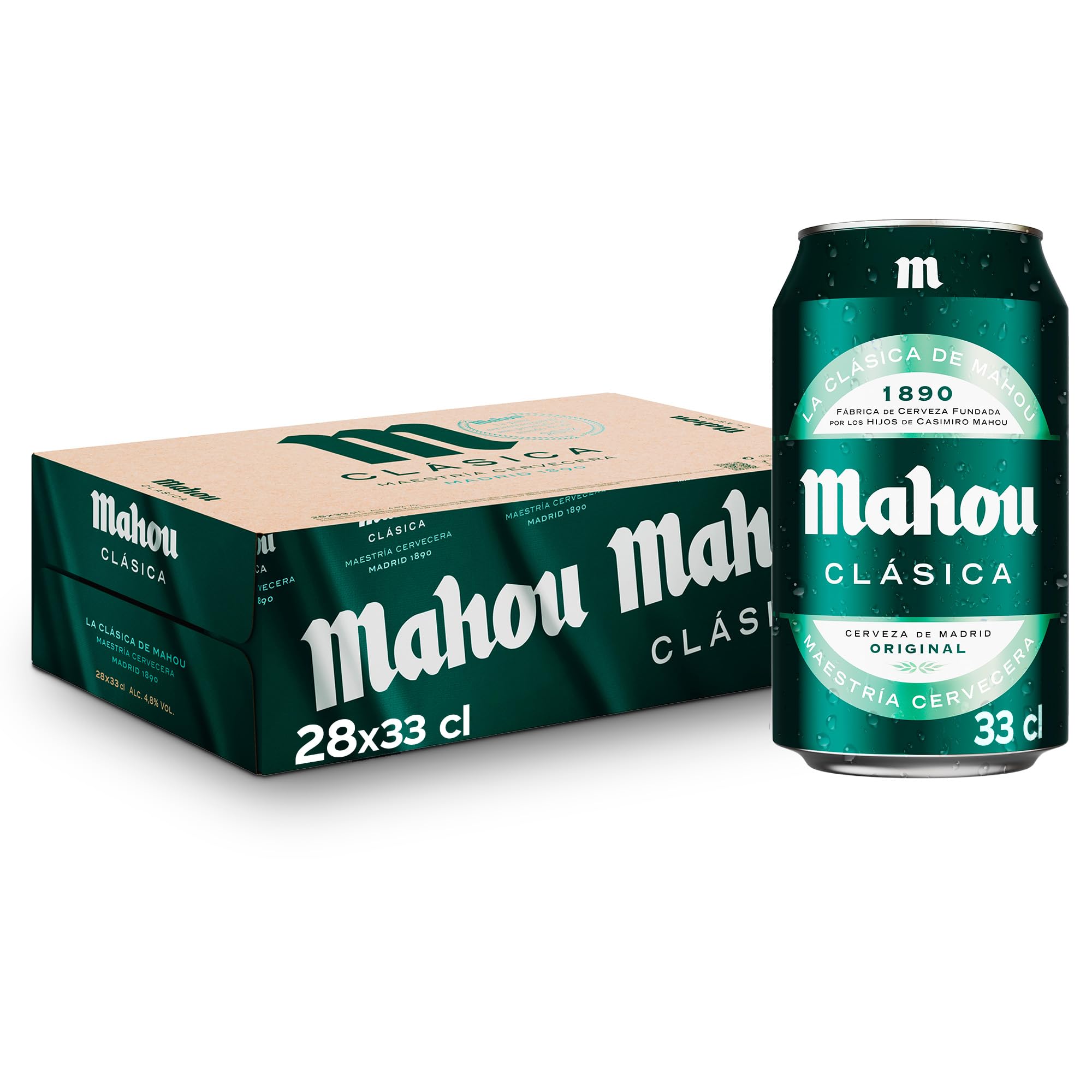 Mahou Clásica, Pack 28 Latas x 33cl, Cerveza Dorada Lager, Auténtica Cerveza Mahou Con Sabor Suave, Refrescante y Con Espuma Consistente, 4.8% Vol. Alcohol en oferta en Amazon