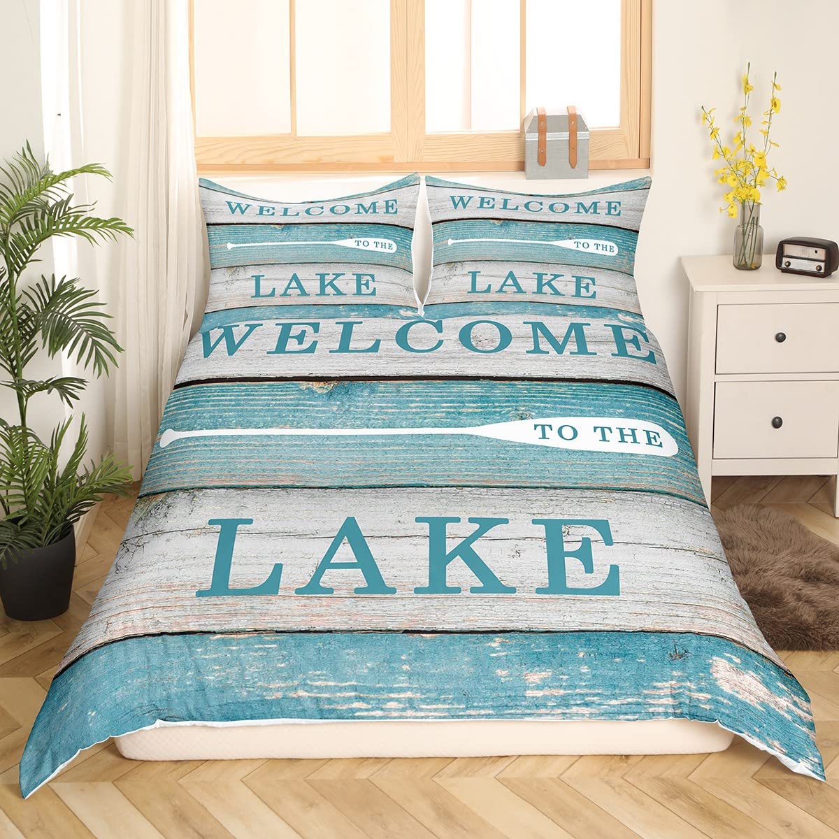 Manfei Lake Blue Duvet Cover Set Super King Size,Chic Woodgrain Bedding Sets 3Pcs for Kids Girls Boys Adult Room Decor,Turquoise Comforter Cover Cyan Blue Quilt Cover,2 Pillowcases โ image 1