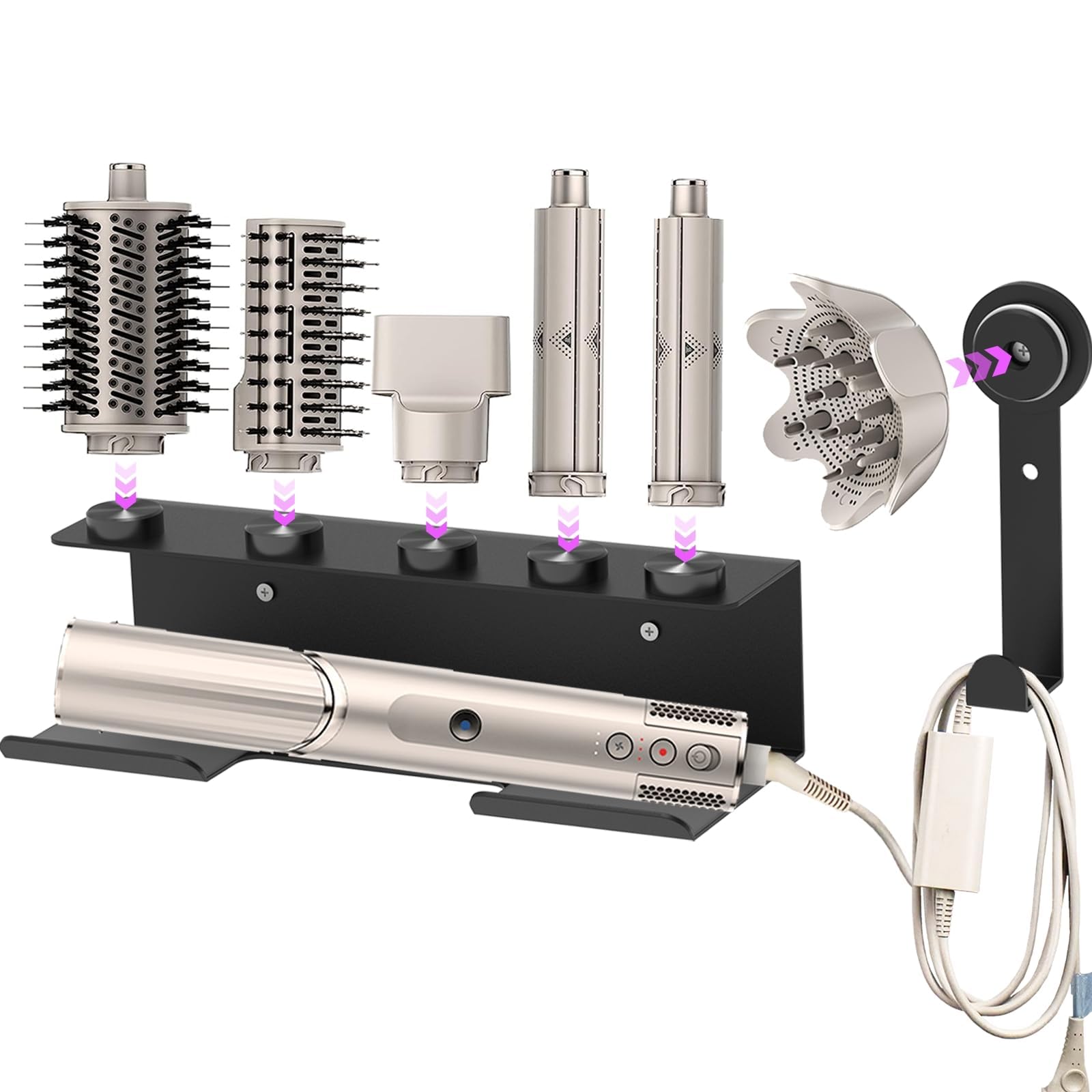 Soporte de pared para secador de pelo Shark FlexStyle con soporte para cable | Organizador para rizadores, rulos, cepillos, difusor y accesorios; soporte para accesorios de baño que ahorra espacio