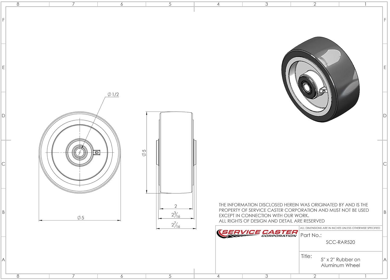 SCC - 5" Rubber on Aluminum Wheel Only w/Roller Bearing-1/2 Bore-500 lbs Cpty