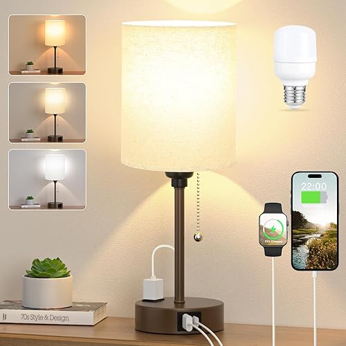 Miniatura 145 de Lámparas de noche pequeñas, 3 modos de color, blanco roto 3000K 4000K 5000K Lámparas de dormitorio con puertos USB C y A, lámparas de mesa de cadena
