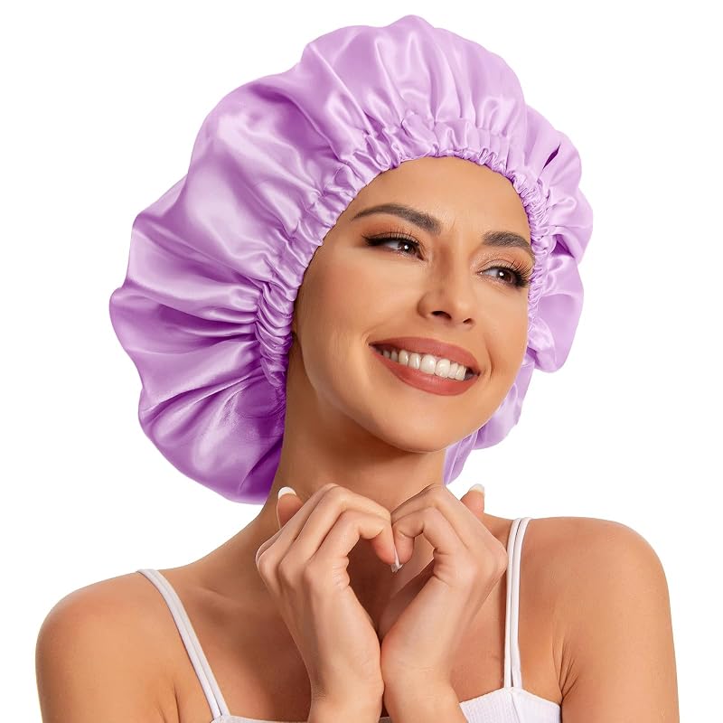 Touca de banho Edoneery de cetim com camada dupla, modelo Head002-Light purple
