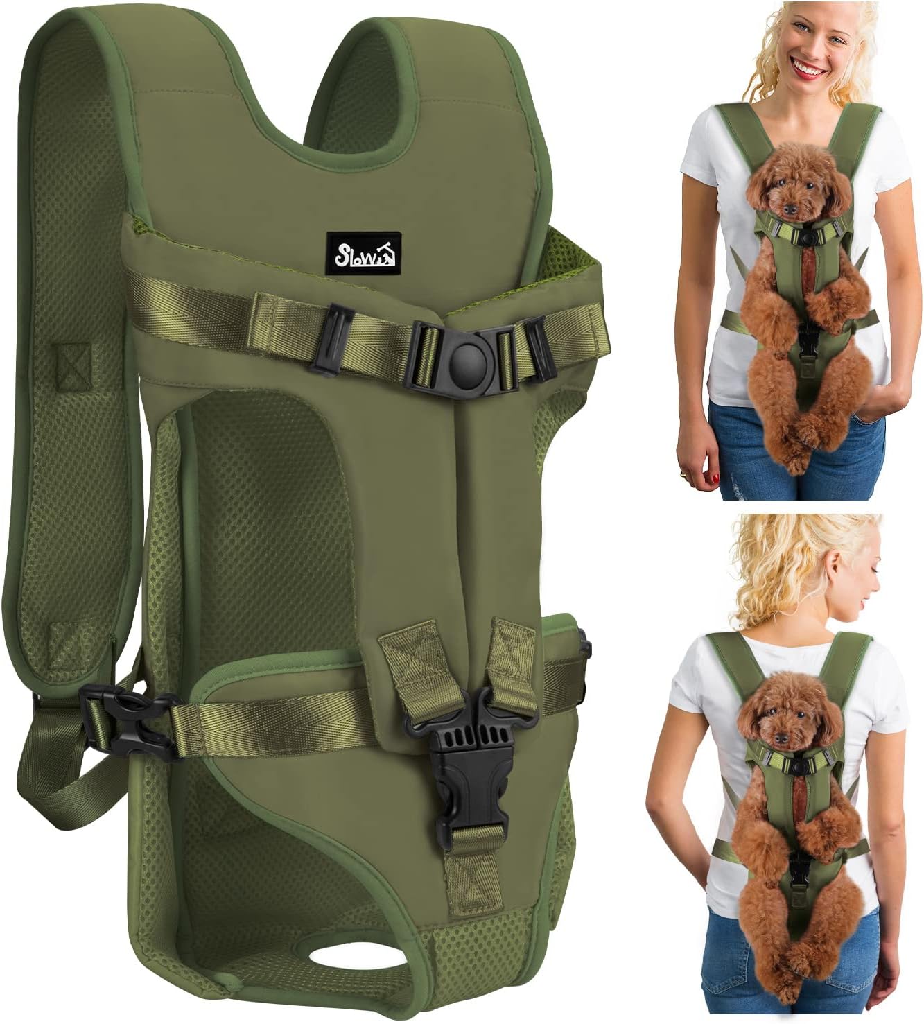 Lukovee Backpack Carrier, Legs Out Easy-Fit Front Carrier for Small Medium Dogs, Adjustable Hands-Free Chest Carrier for Hiking, Cycling (Green, Small)