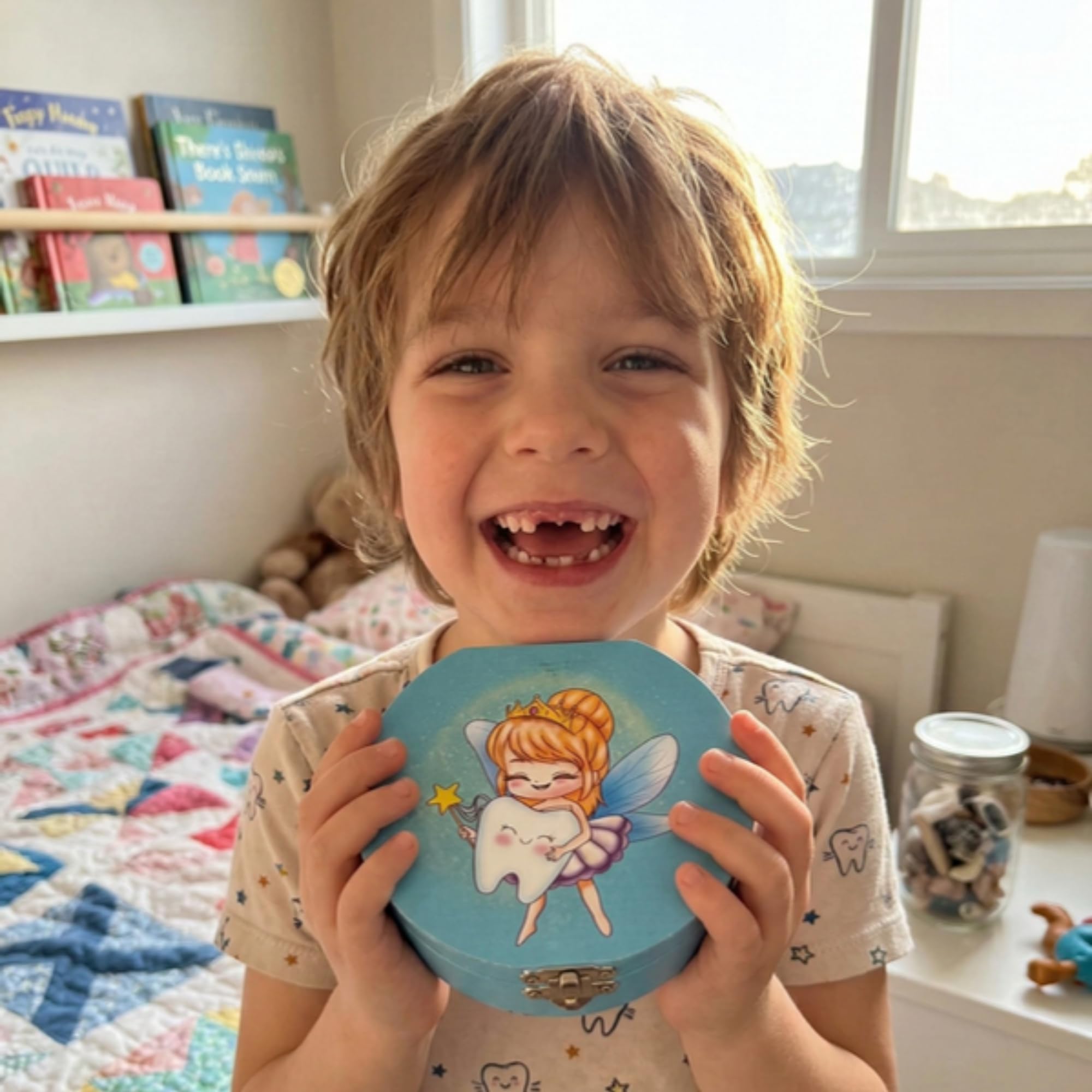 HOMYKIDS® Milchzahnbox für Jungen und Mädchen [DEUTSCH] – Zahnbox für Milchzähne - Zahndose aus Naturholz + [E-BOOK KOSTENLOSES] – Zahnfee Box (Deutsch - Zahnfee)