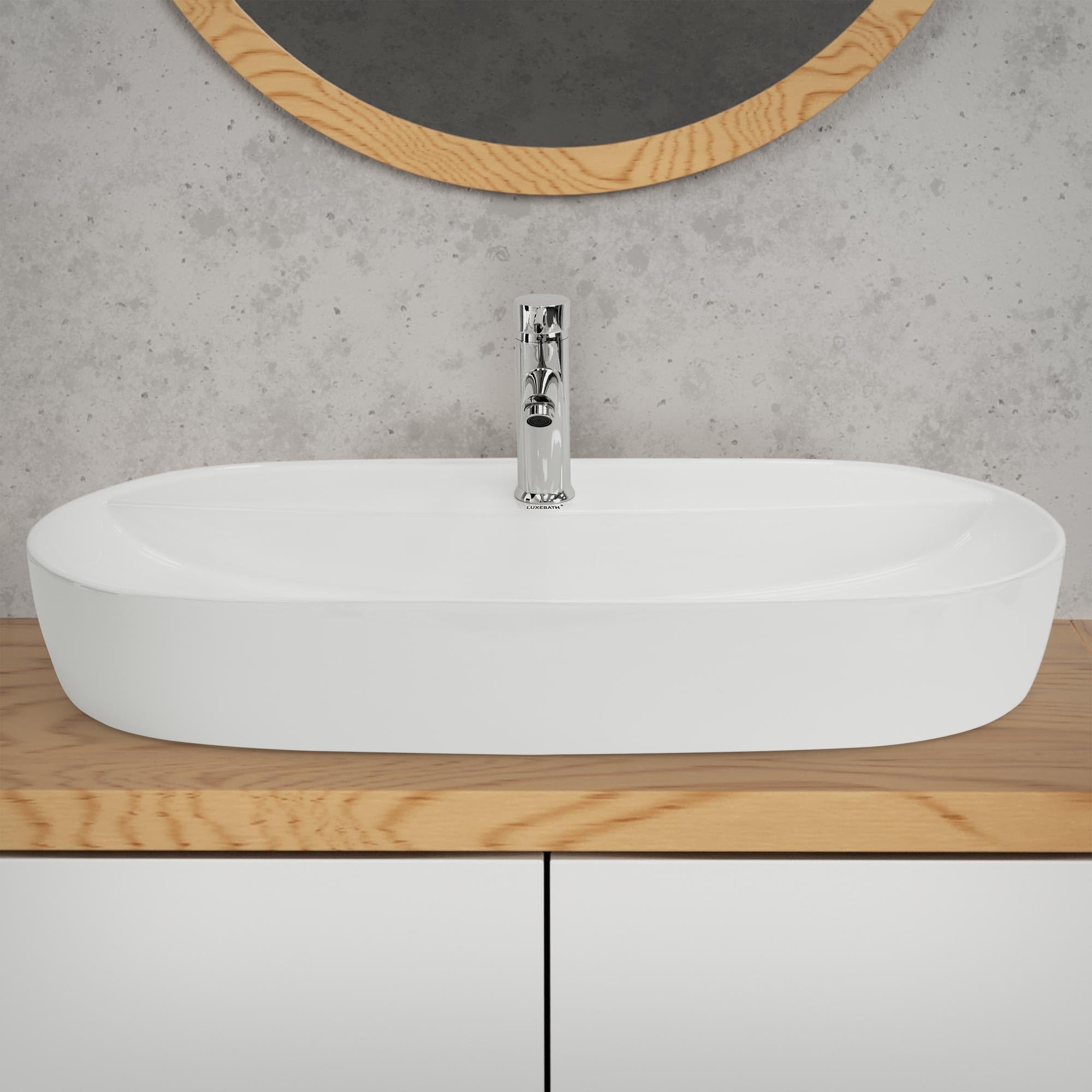 LuxeBath Waschbecken Keramik 800x400x120 mm oval Weiß mit Ablaufgarnitur Silber, Aufsatzwaschbecken für Badezimmer/Gäste-WC, Modernes Aufsatzbecken, Waschtisch Waschschale Waschplatz Handwaschbecken