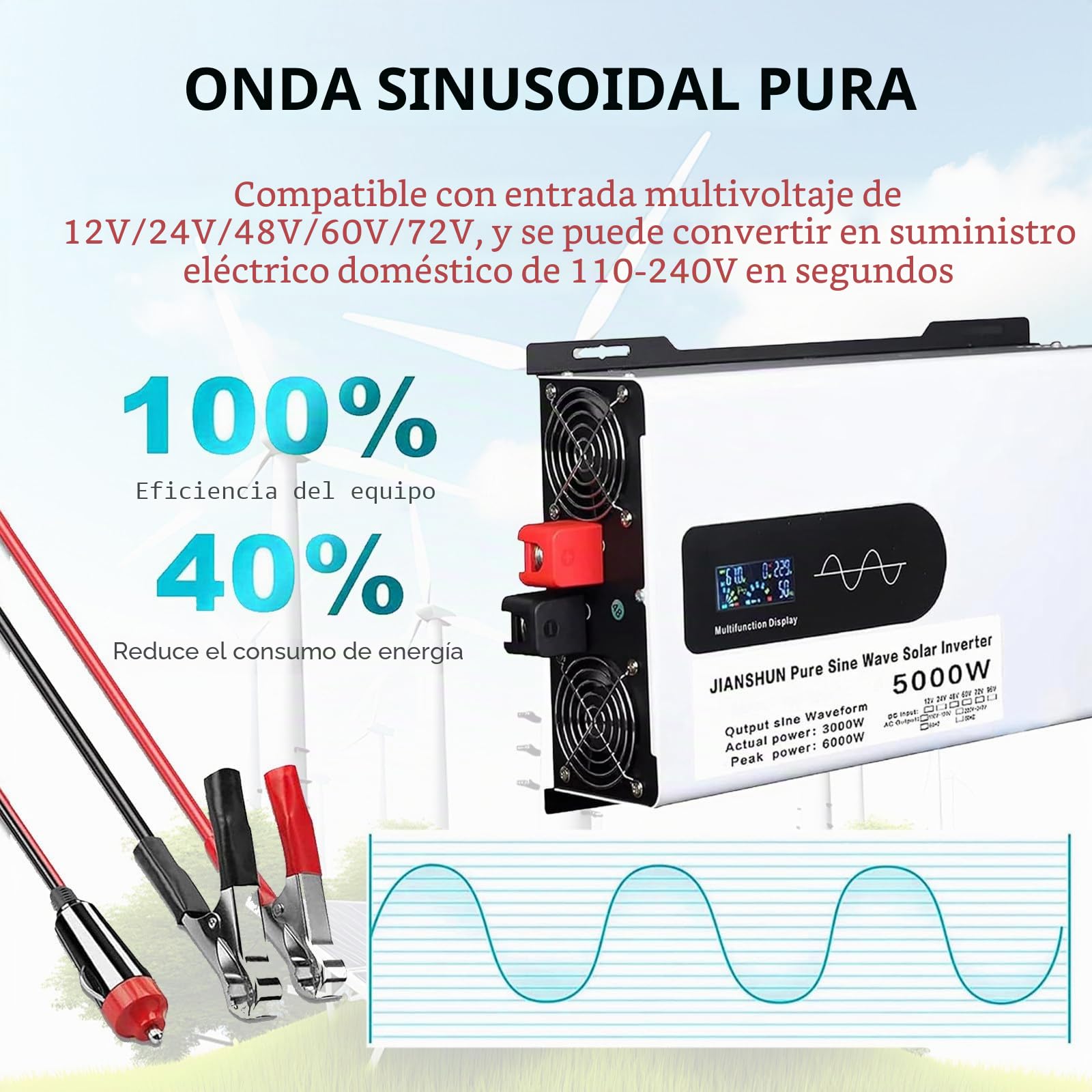 Inversor Solar híbrido de 5000 W, convertidor de 12V 24V 48V 60V 72V CC a 110V 220V CA con Pantalla LCD, inversor de Onda sinusoidal Pura para Camiones, hogares, vehículos,48V-5000W