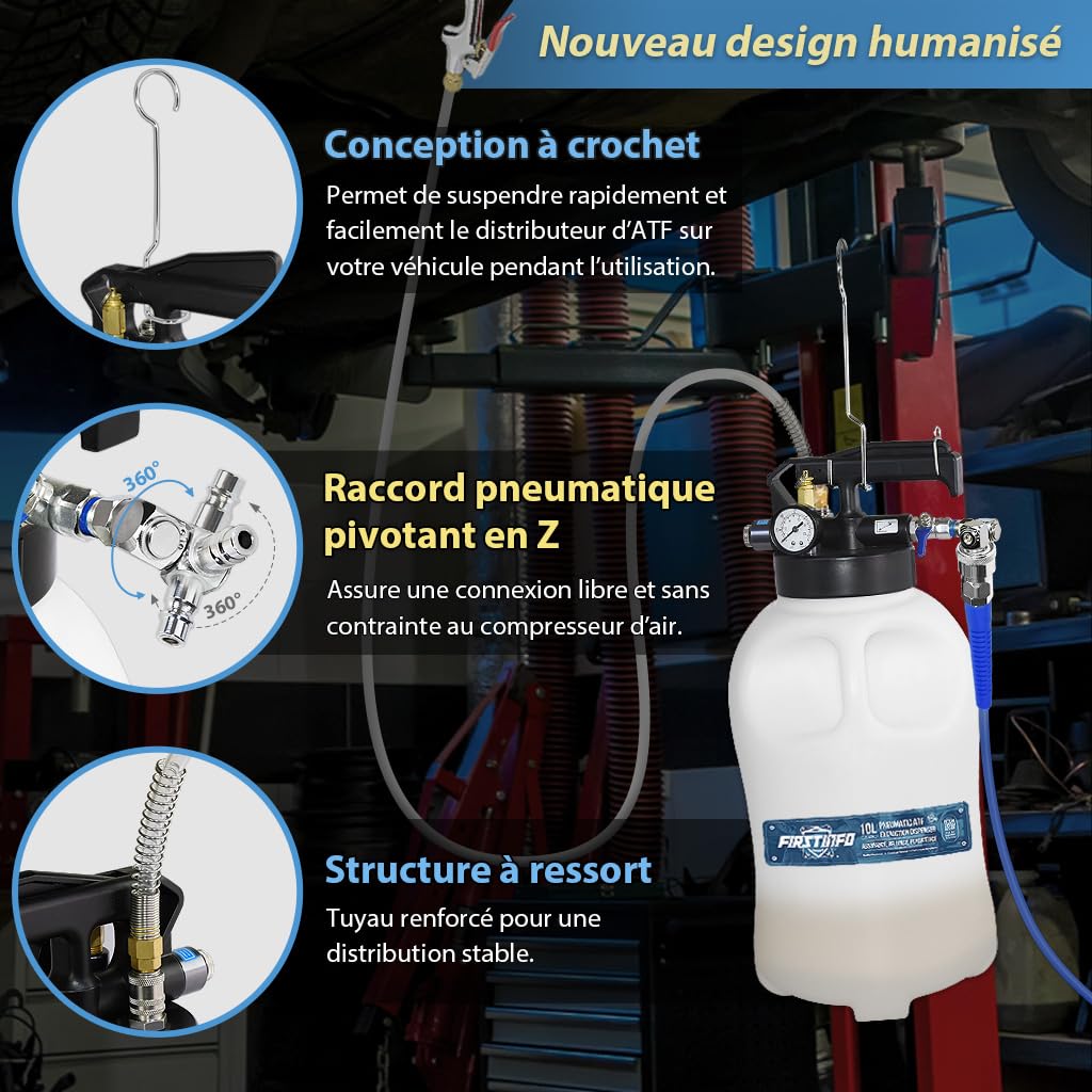FIRSTINFO Pompe ATF Pneumatique 10L pour Remplissage et Extraction d'Huile de Transmission, Outil de Vidange pour Boîte Automatique avec 14 Adaptateurs ATF, Kit Professionnel Garage A1135NEU