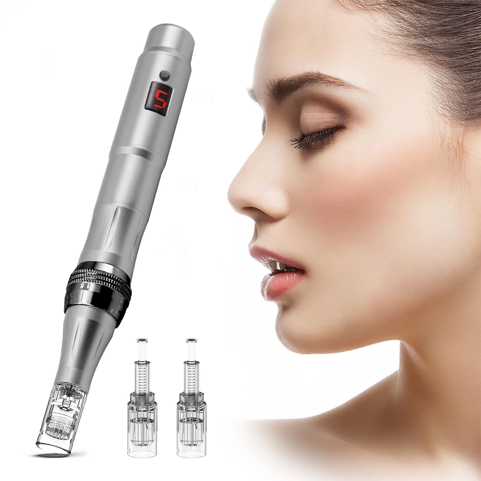 Microneedling Pen, Derma-pen für Haar- und Bartwachstum, Professioneller Einstellbare Microneedle Pen für Gesicht, Kopfhaut und Körper, Microneedling-Stift zur Hautpflege für Männer und Frauen - Grau