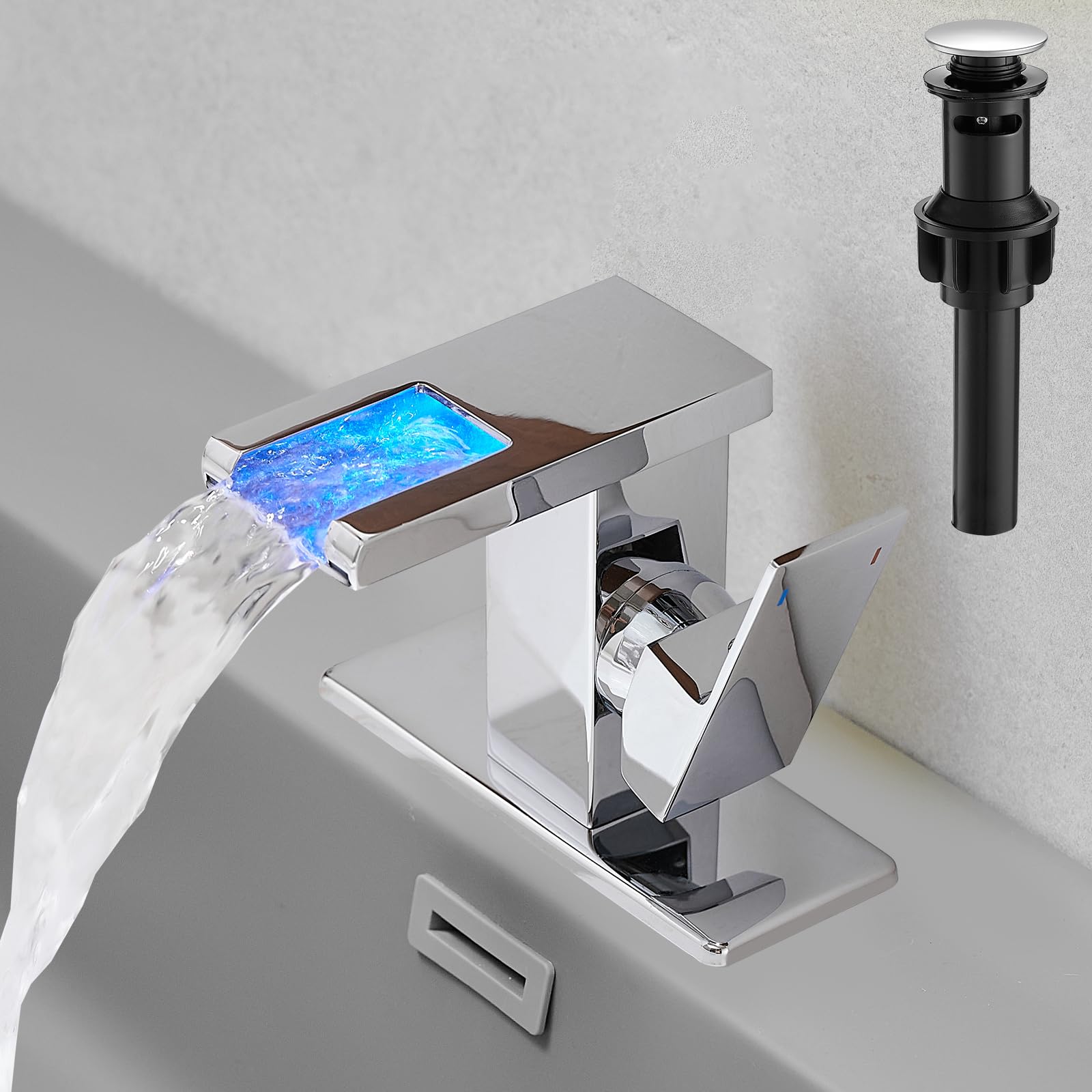 Hoimpro LED Waterfall Bathroom Faucet Polished Chrome, Single Handle Bathroom Sink Faucet 1 Hole, 3 Colors Light Changing, with Pop-up Drain and cUPC Supply Lines, Stainless Steel