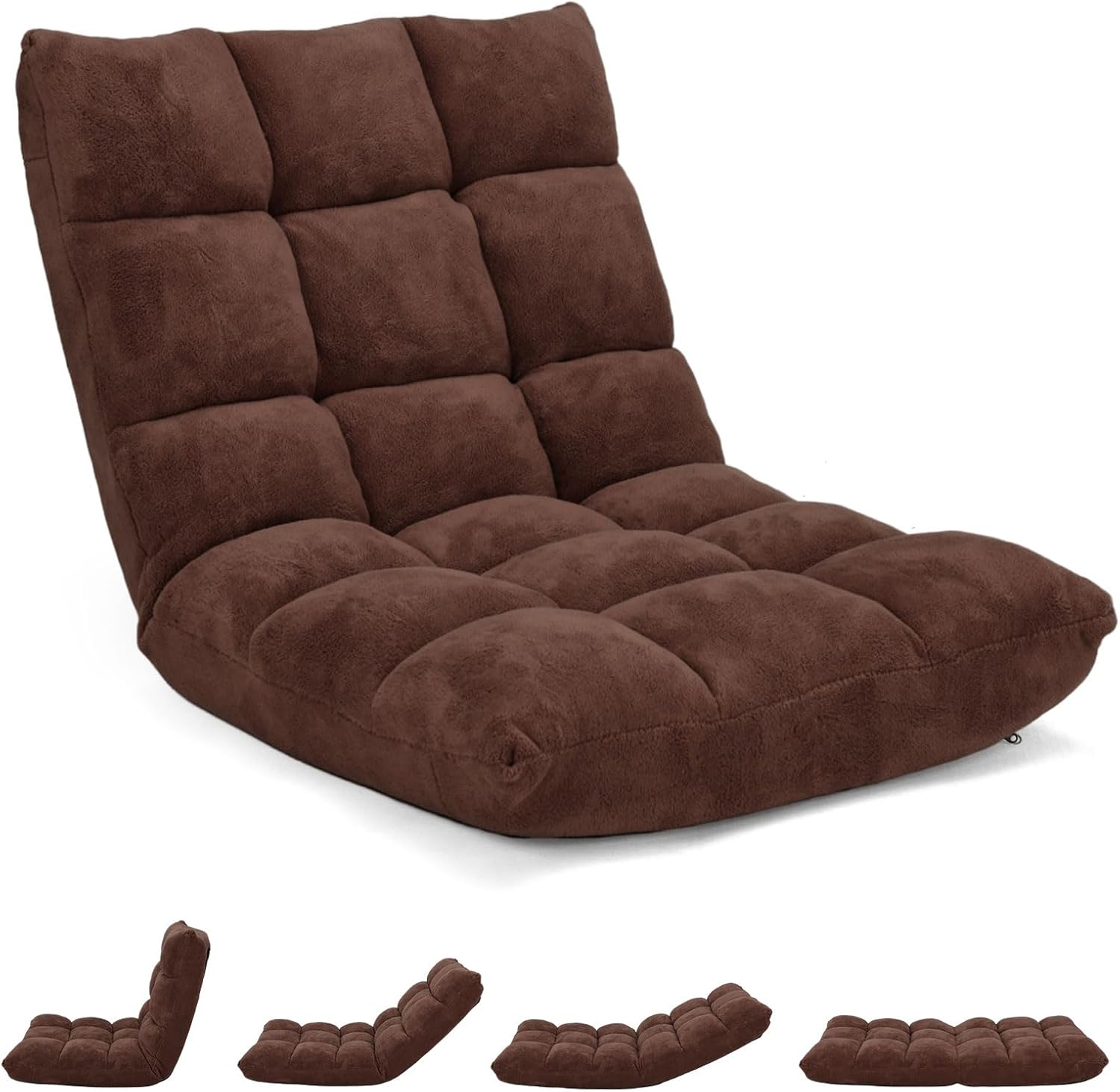 MAT EXPERT 14-Position Floor Chair, Floor Gaming Chair w/Soft Coral Fleece, Alloy Steel Frame, Padded Lazy Couch Recliner, Floor Chair with Back Support for Reading, Meditating, Playing Game (Coffee)
