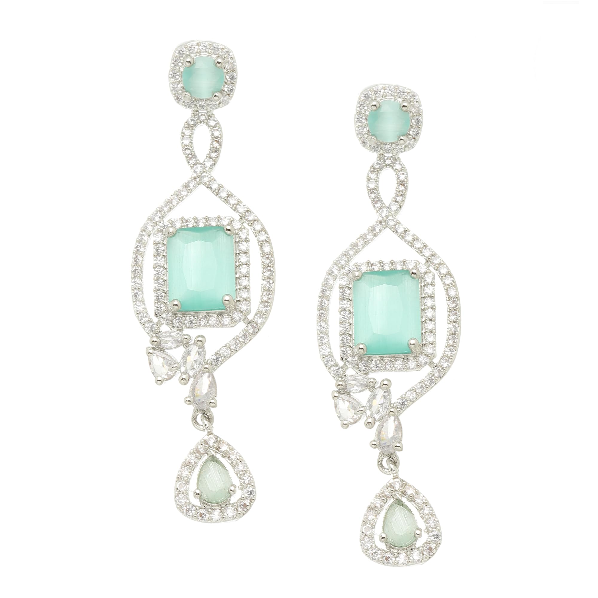ZENEME Rhodium-Plated American Diamond Studded Square Shaped Handcrafted Drop Earrings For Girls and Women (Sea Green) (B0CGD6T9CR) Amazon Price History, Amazon Price Tracker