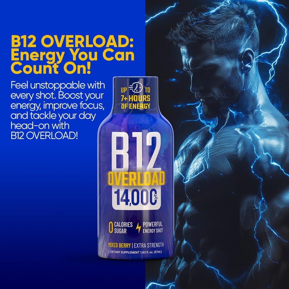 B12 Overload Extra Strength Energy Shot – Mixed Berry – 260mg Caffeine, 14000% B12, Electrolytes – Energy & Vitality Support – Zero Sugar No Calories – Vegan, Kosher, Gluten-Free – 1.93 fl oz, 48-Pack - Image 3