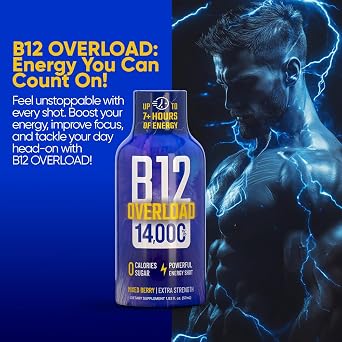 B12 Overload Extra Strength Energy Shot Mixed Berry 260mg Caffeine, 14000% B12, Electrolytes Energy & Vitality Support Zero Sugar No Calories Vegan, Kosher, Gluten-Free 1.93 fl oz, 12-Pack
