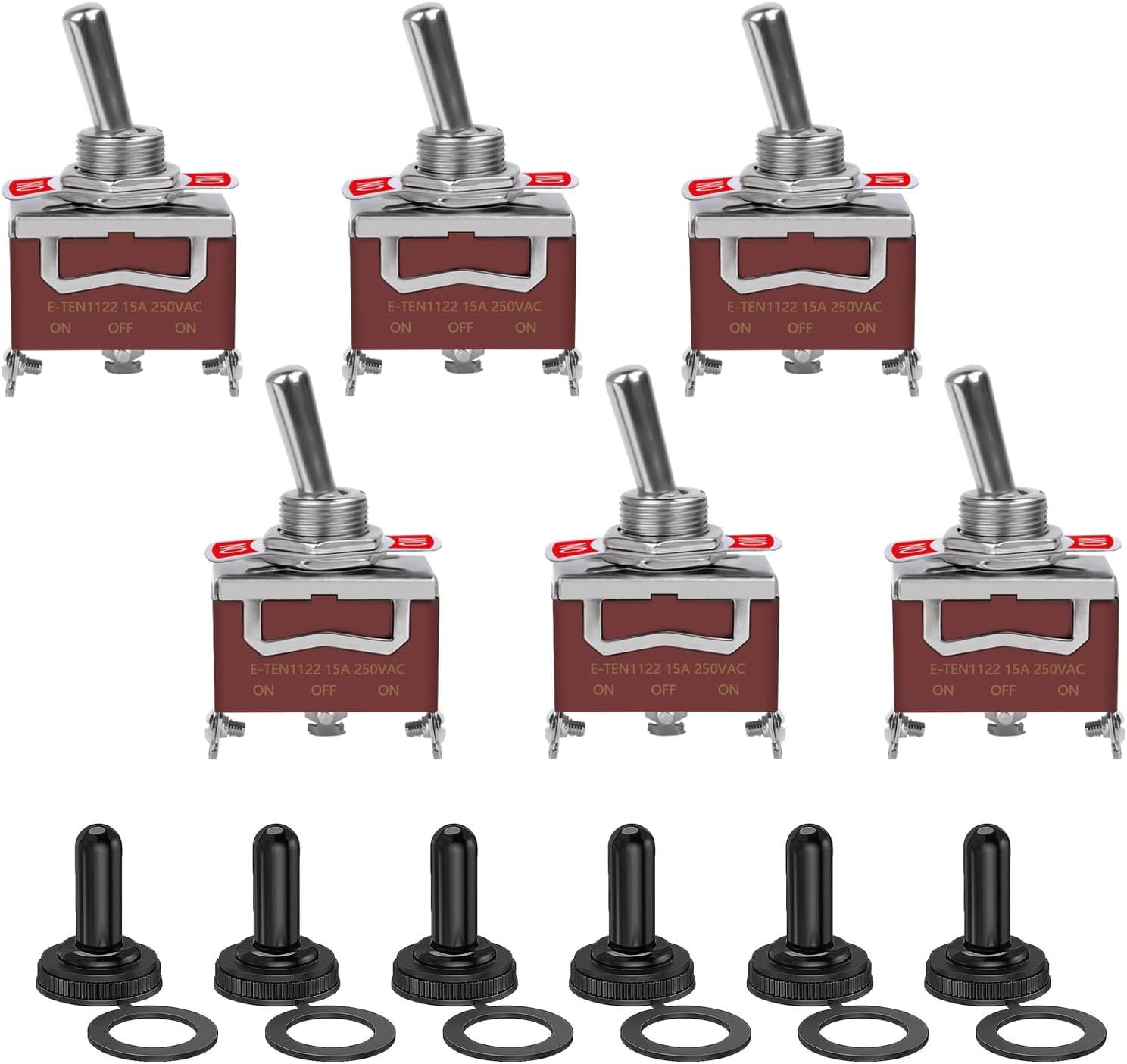 6 Pack Toggle Switch, 3 Pin 12V DC 30A/250V AC 15A, Heavy Duty SPDT ON Off ON Switch, Marine Waterproof Toggle Switch with Boot Cap Cover, for Cars Trucks, Racing Cars, Boats