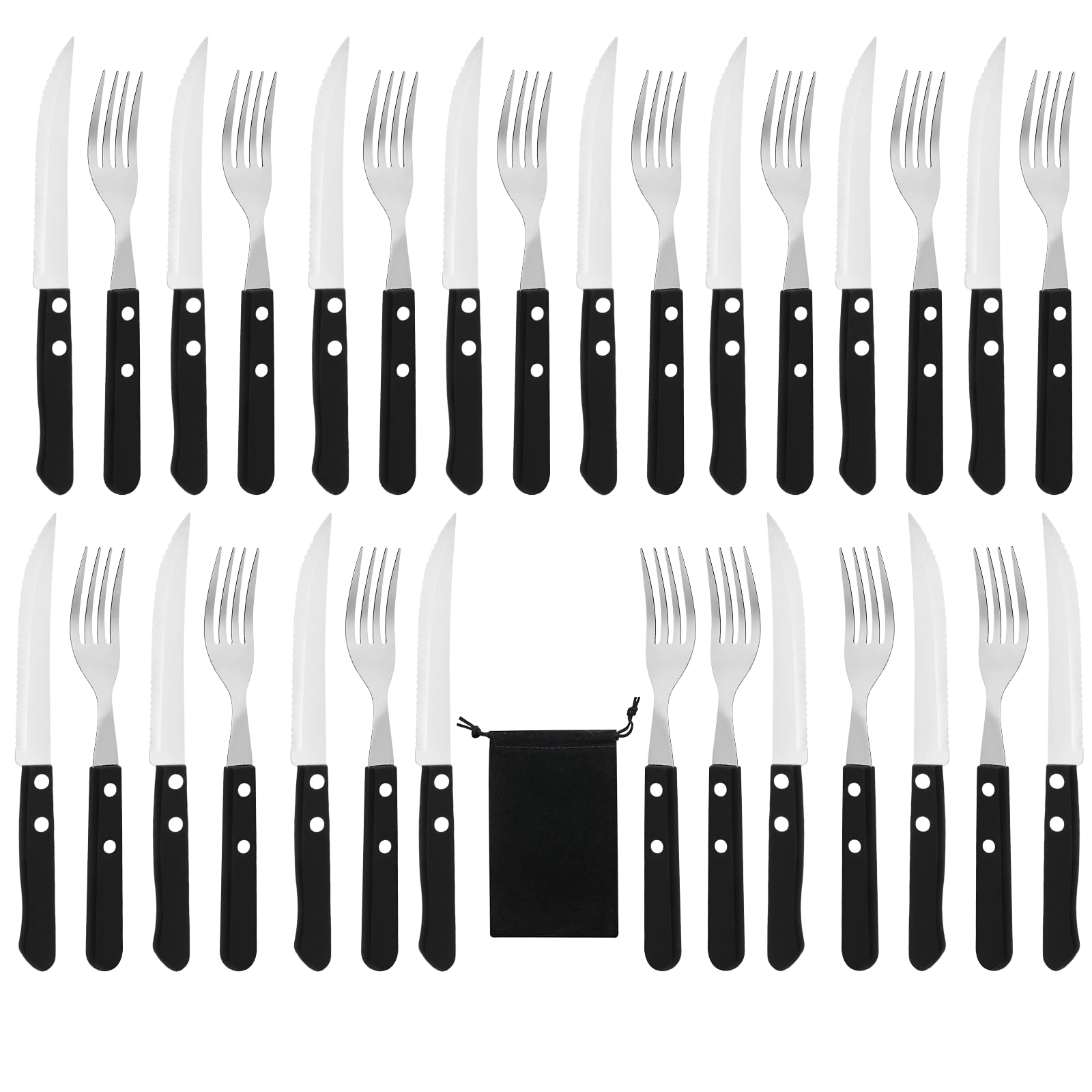 Cubertería de carne de 30 piezas, cuchillería para 15 personas, cuchillos de carne, tenedor y bistec, cubiertos de acero para bistec (negro)
