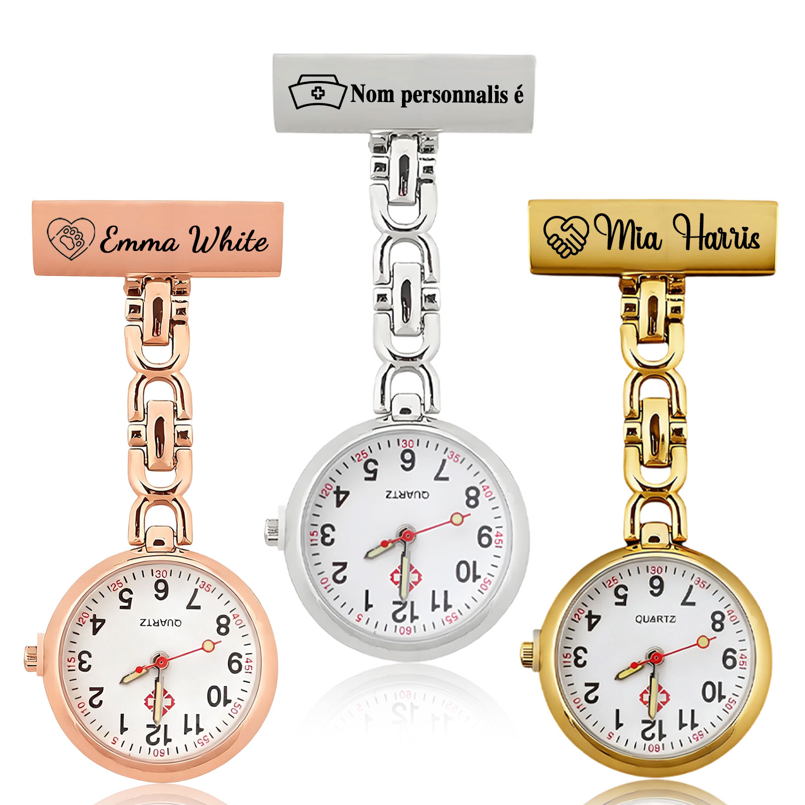 Montre Infirmière Personnalisable Avec Broche - Nom, Texte, Photo Sur Cadran - Bracelet Silicone Ou Montre De Poche à Clip
