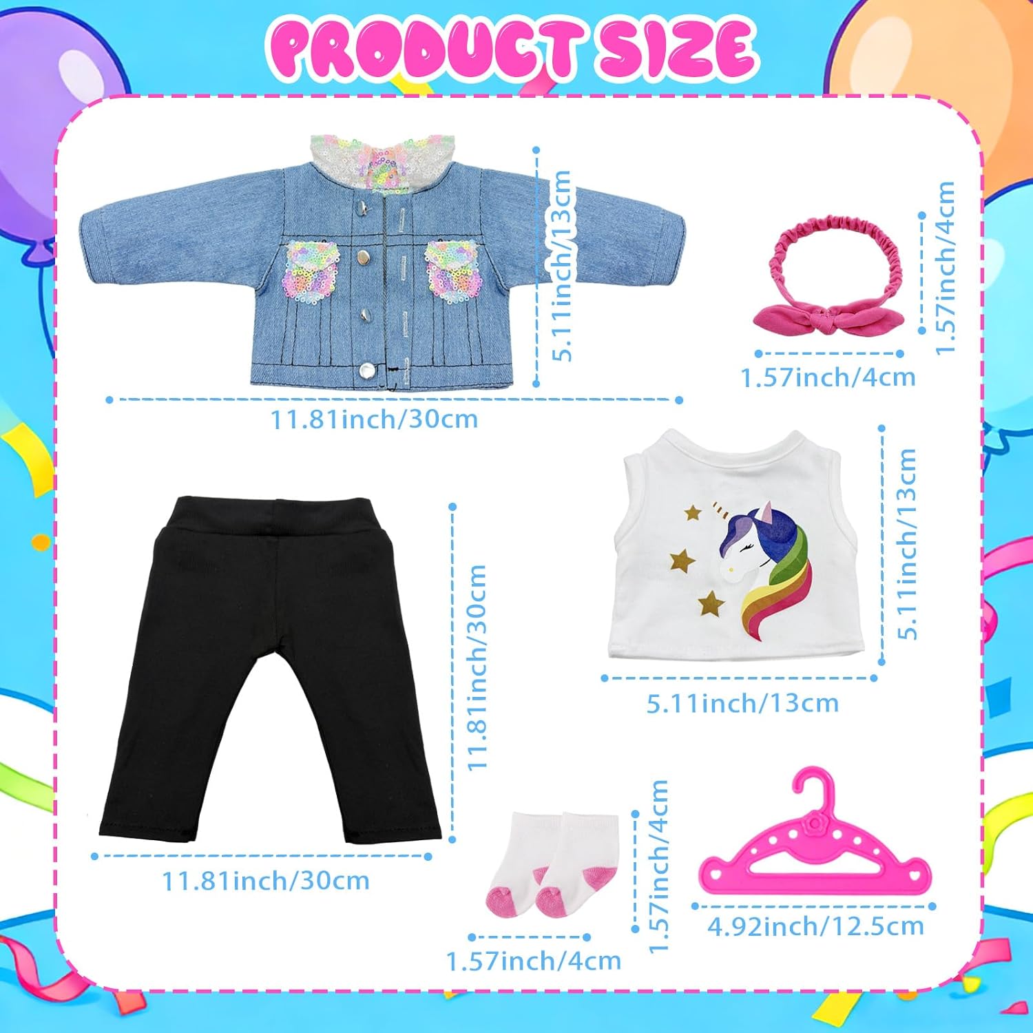 7 Pcs American 18 Inch Doll Clothes and Accessories, Handmade 18 Inch Doll Denim Clothes Set Including Blue Sequin Jacket Top Black Trousers Headband Socks Hangers, for Girls