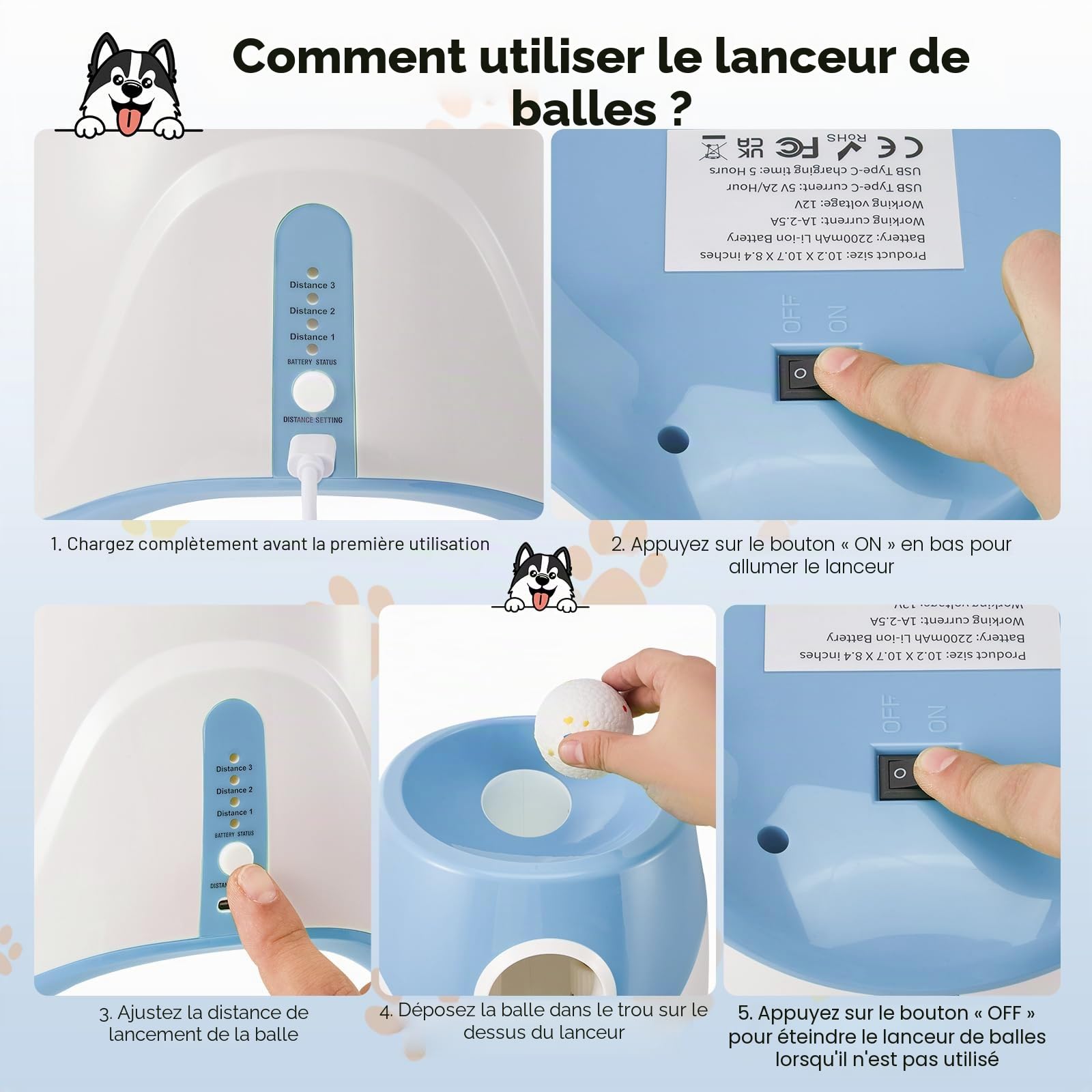 Lanceur De Balle pour Chien,3 Niveaux Distance,avec 6 Balles De Tennis | Rechargeable, Lanceur De Balle Automatique pour Intétieur &Extérieur