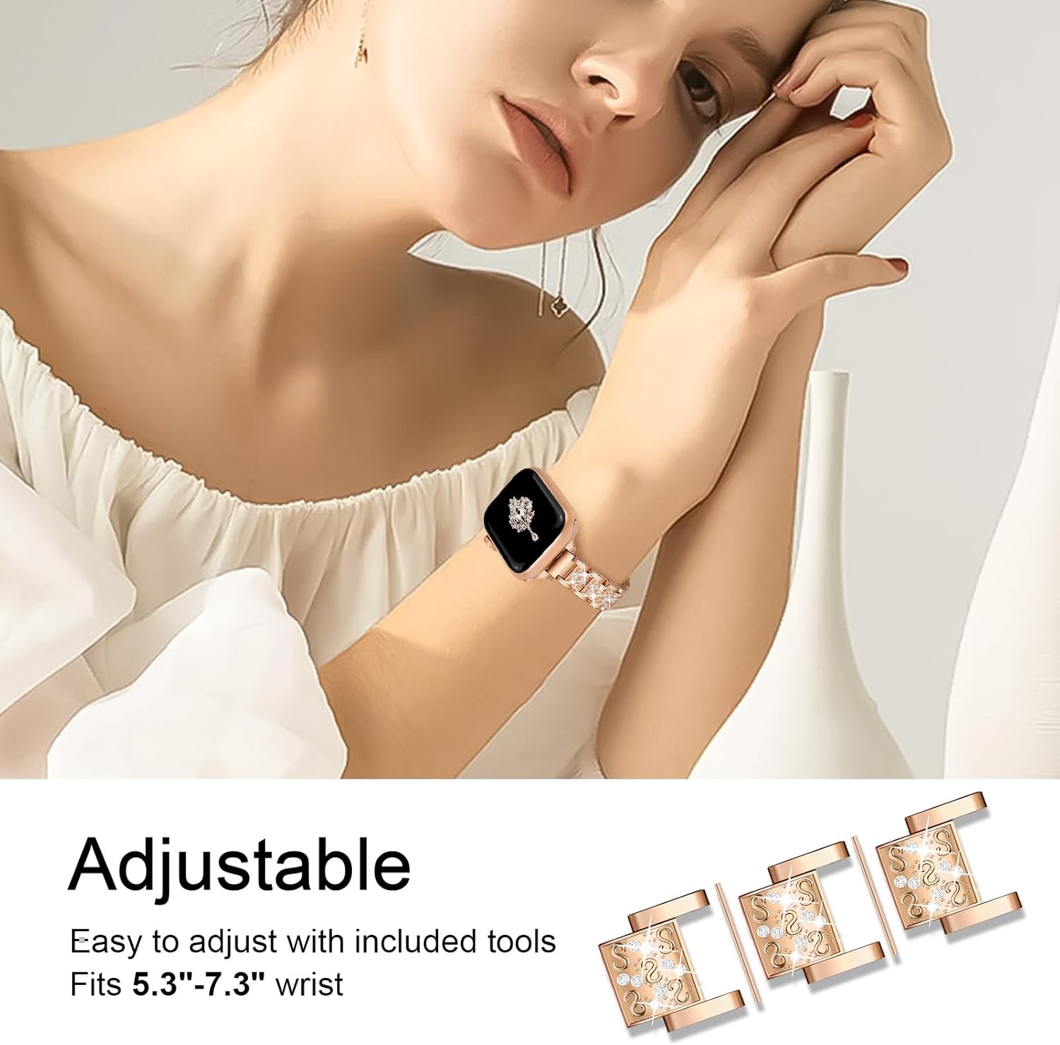 Slim Rose Gold Bling Band for Women Compatible with Apple Watch 38mm 40mm 41mm 42mm (S10/11) Jewelry Replacement Sparkly Diamond Metal Thin Strap for iWatch Series 11/10/9/8/7/6/5/4/3/2/1/SE - Image 5