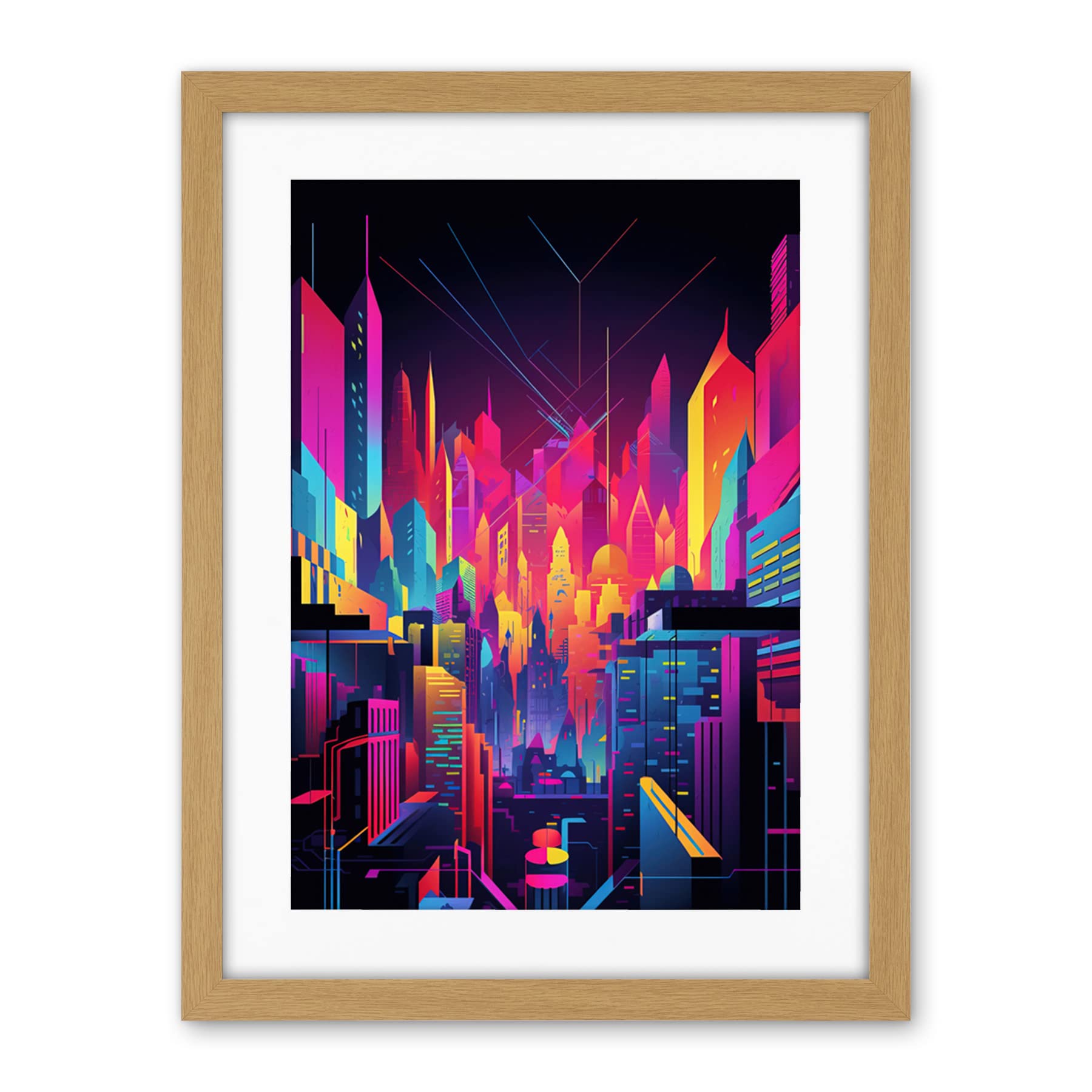 Artery8 Neon Light Colour Abstract Metropolis Cityscape at Night Modern Artwork Artwork Framed Wall Art Print 18X24 Inch