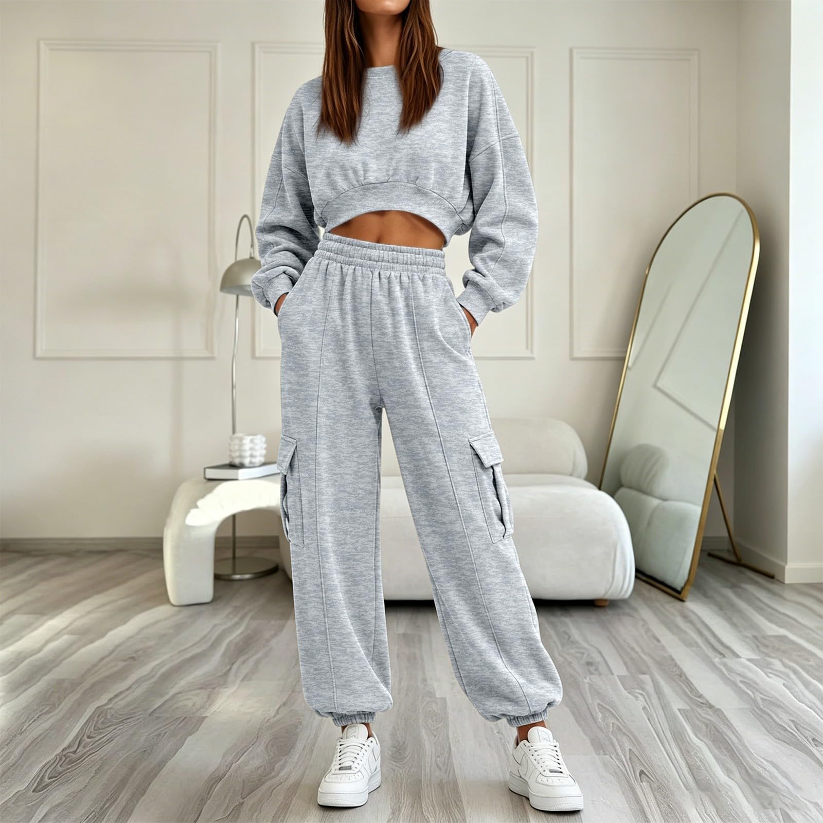Tuta da jogging da donna, 2 pezzi, felpa corta oversize, pantaloni larghi in vita elasticizzata con coulisse, abbigliamento sportivo elegante, per fitness, yoga, rilassante, uscite casual