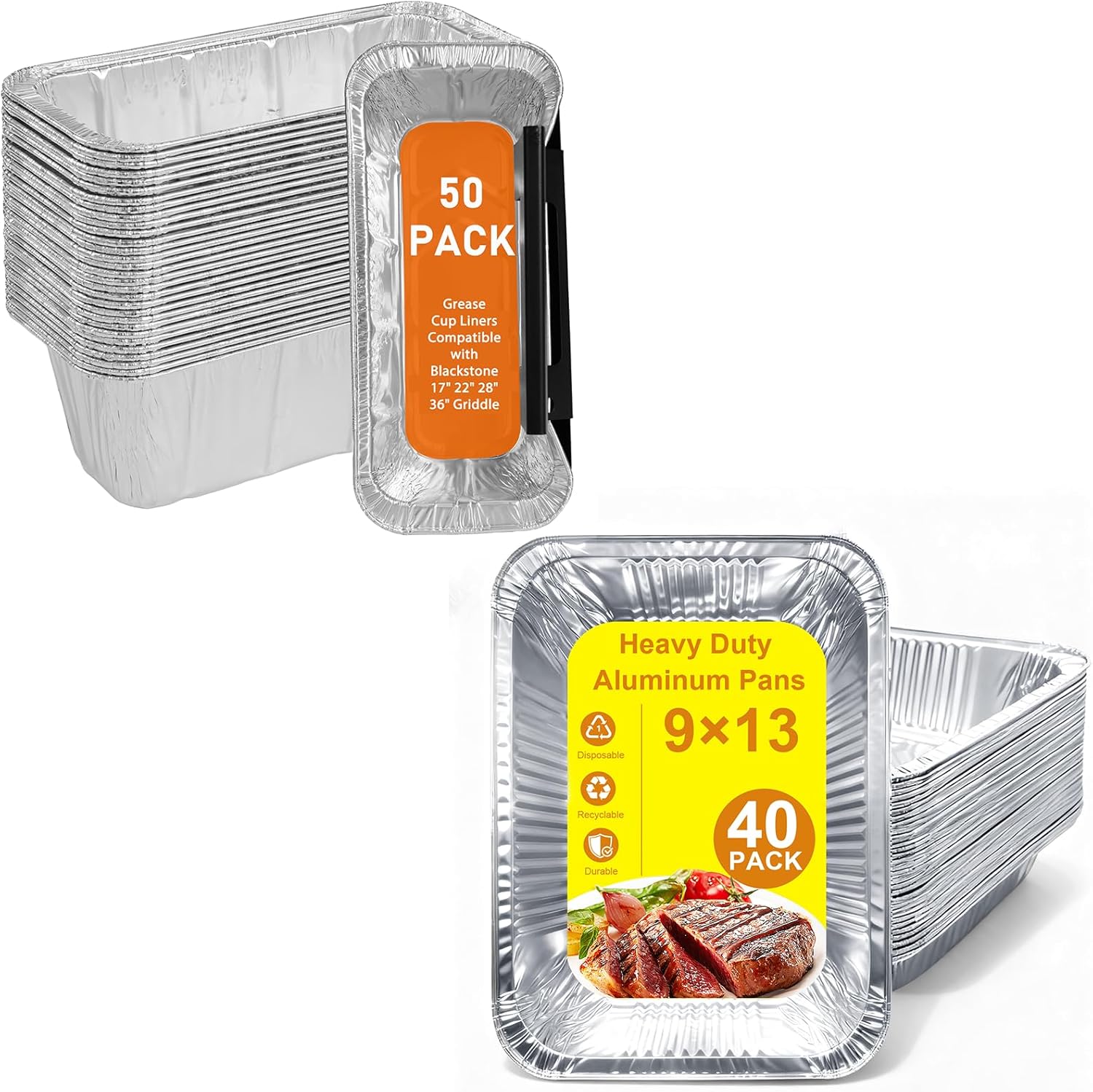 50-Pack Grease Cup Liners Compatible with Blackstone Bundle with 40 Pack Aluminum Foil Pans 9x13