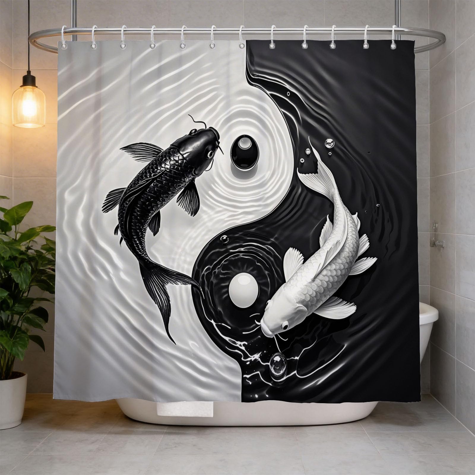 Hongduo White 3D Yin Yang Koi Fish Shower Curtain For Stalls Bathtubs Exotic Print Bathroom Decor Shower Curtain Set Polyester Fabric Waterproof 200X200cm/79X79 Inch With Hooks