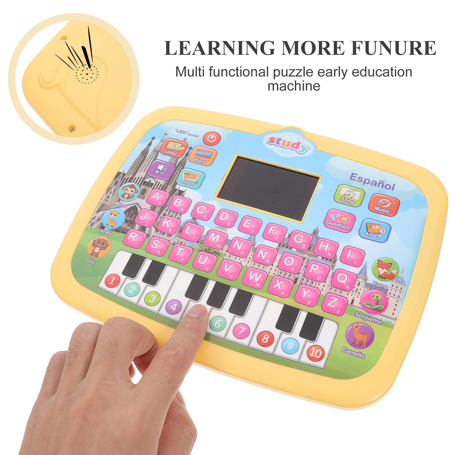 Tableta Bilingüe de Español para Niños Pantalla Led, Táctil, Abs | Juguete Educativo Multifuncional, 3 Pilas Aa No Incluidas, Amarillo Decoracion Colegio, Juguetes Didácticos Años
