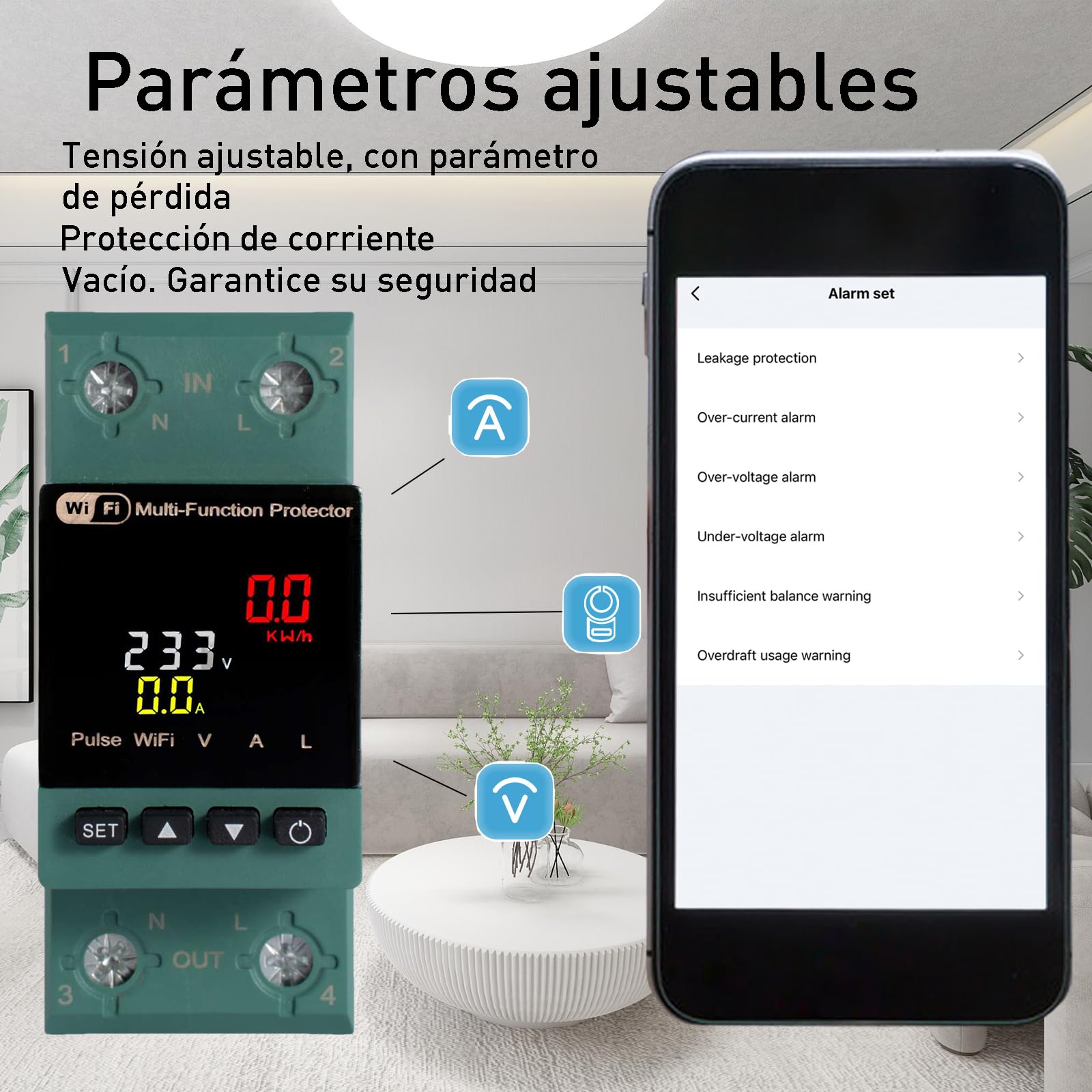 2 contatori intelligenti per consumo di energia elettrico, Wi-Fi, 63 A, CA 230 V, monofase, binario DIN, contatore digitale LCD a colori, interruttore automatico di protezione dalle perdite