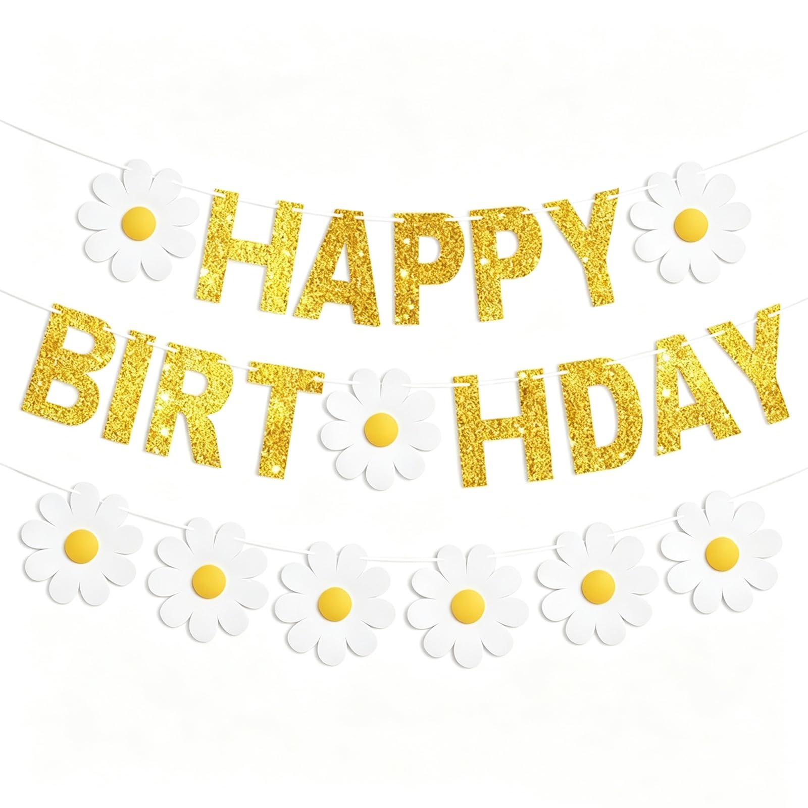 2 Pcs Gold &White Glitter Daisy Happy Birthday Banners for Party Decor — image 1