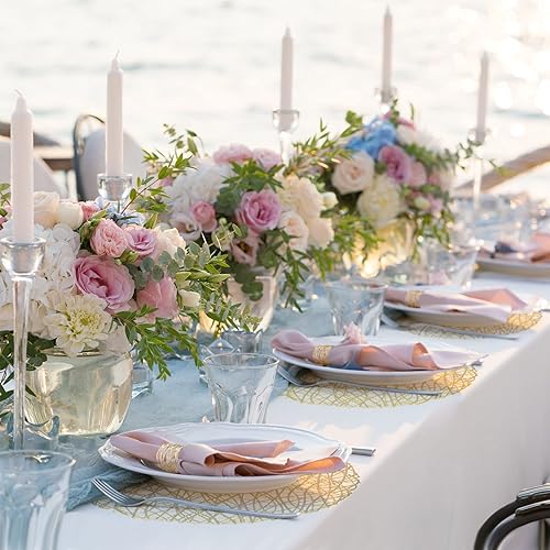 Miniatura 7 de Juego de 12 manteles individuales dorados tejidos ahuecados metálicos para vacaciones, manteles individuales redondos dorados, hechos a mano,