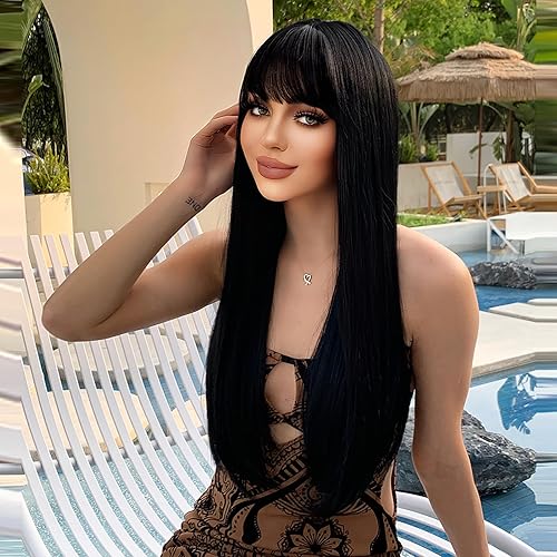 Miniatura 4 de DGWIGS Wigs for Women 26 in Black Straight Wig with Bangs Middle Part Curly Wig Natural Looking Synthetic Heat Resistant Fiber Wig for Daily Party