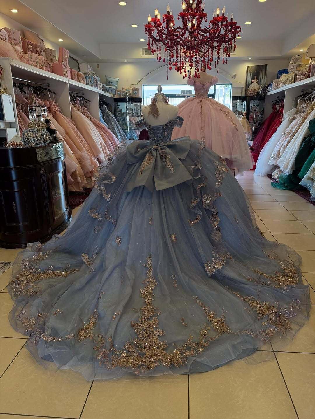 Zhangyo Off Shoulder Quinceanera Dresses with Bow Ruffle Tulle Sweet 15 16 Dress with Train Sparkly Lace Bead Ball Gown - Image 3