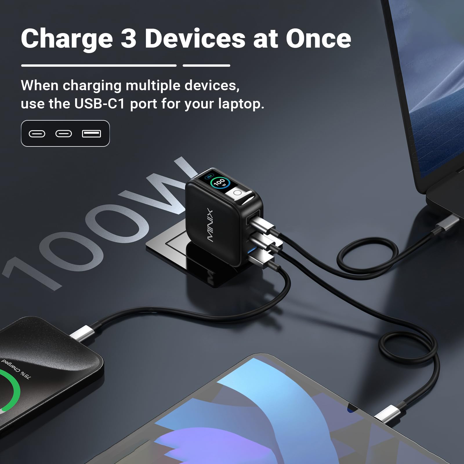 MINIX Ładowarka USB c 100 W, 3-portowa ładowarka GaN z inteligentnym wyświetlaczem i kontrolą dotykową, mocne szybkie ładowanie 100 W do MacBook Pro, iPhone 17/16 Series, Galaxy, Pixel, Laptop i nie