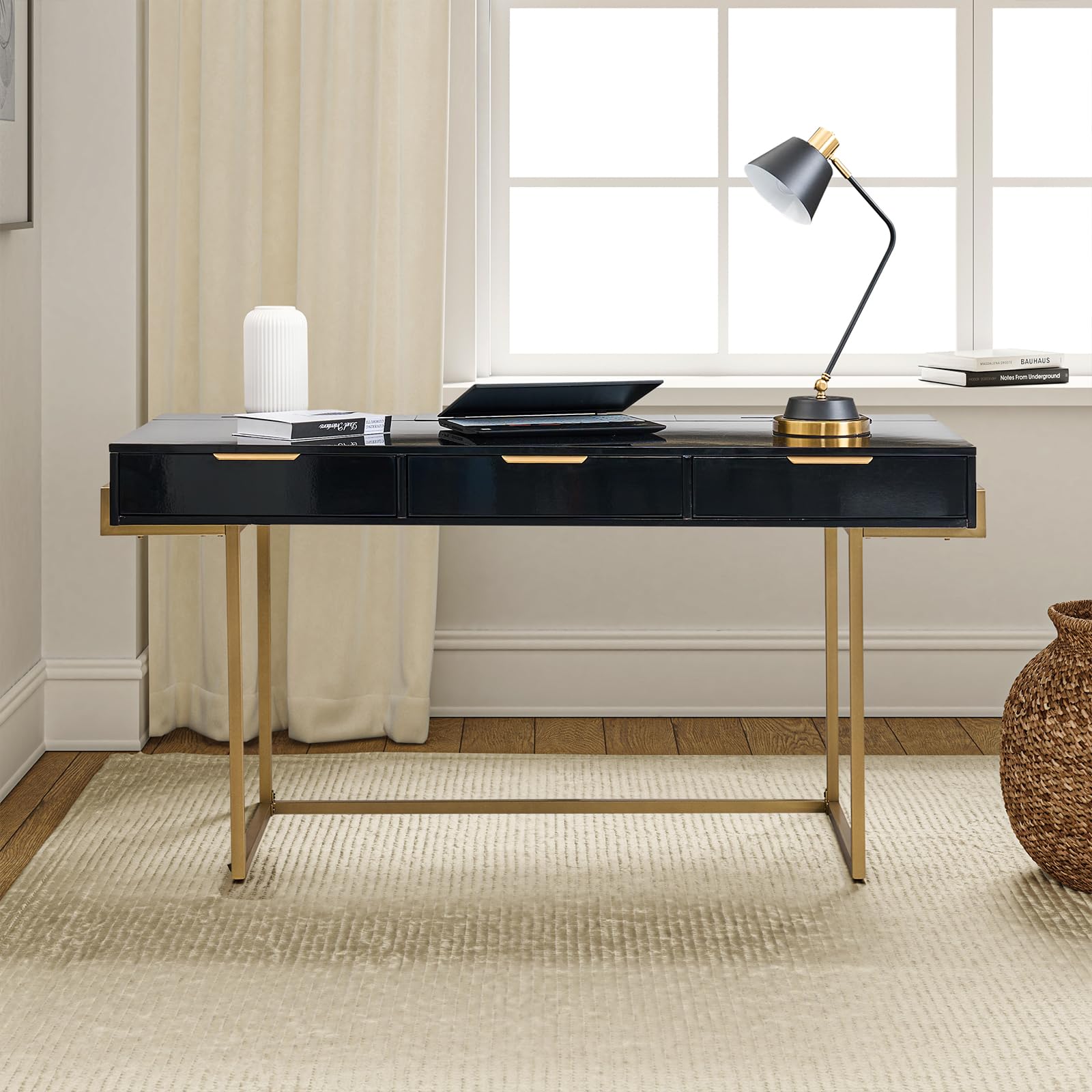 HULALA HOME Computer Desk with 3 Drawers & Solid Wood Legs, Writing Table with Charging Station & Cable Management, Small Office Desk, Black