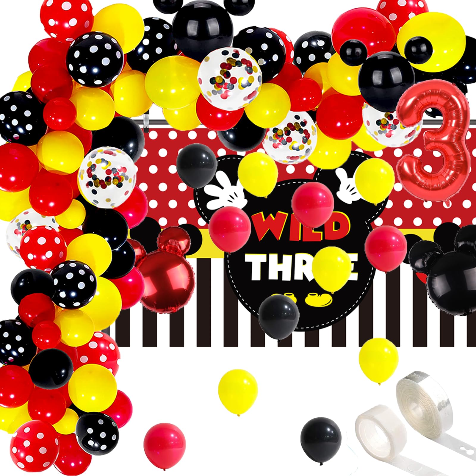 98 Pcs Red 3rd Birthday Party Supplies - Boys Wild Three Photography Backdrop & Balloon Arch Garland Kit