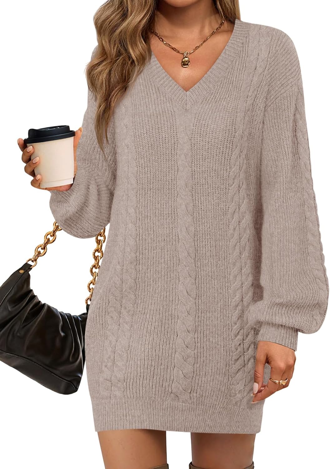 Saodimallsu Womens Oversized Mini Sweater Dress Casual V Neck Cable Knit Long Lantern Sleeve Fall Tunic Pullover Sweaters