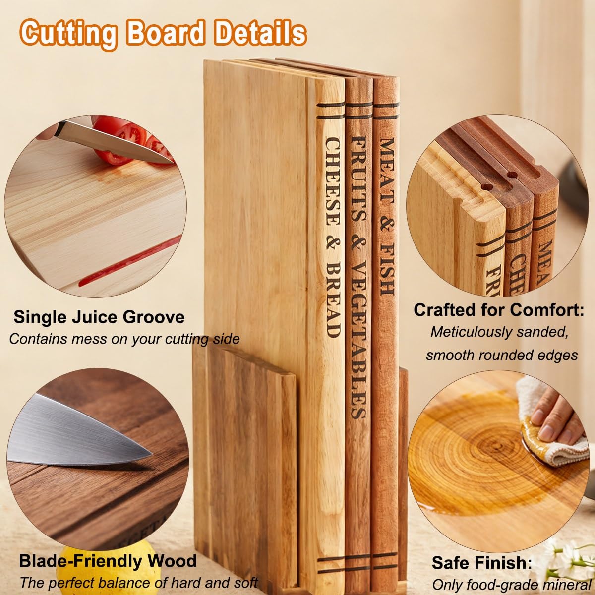 Set de Tablas de Cortar de Madera Maciza con Forma de Libro Antideslizantes con Ranura Antigoteo, 3 Tablas de Cortar de Madera Diseño Libro, Soporte Ahorrador de Espacio Incluido, Fácil de Limpiar