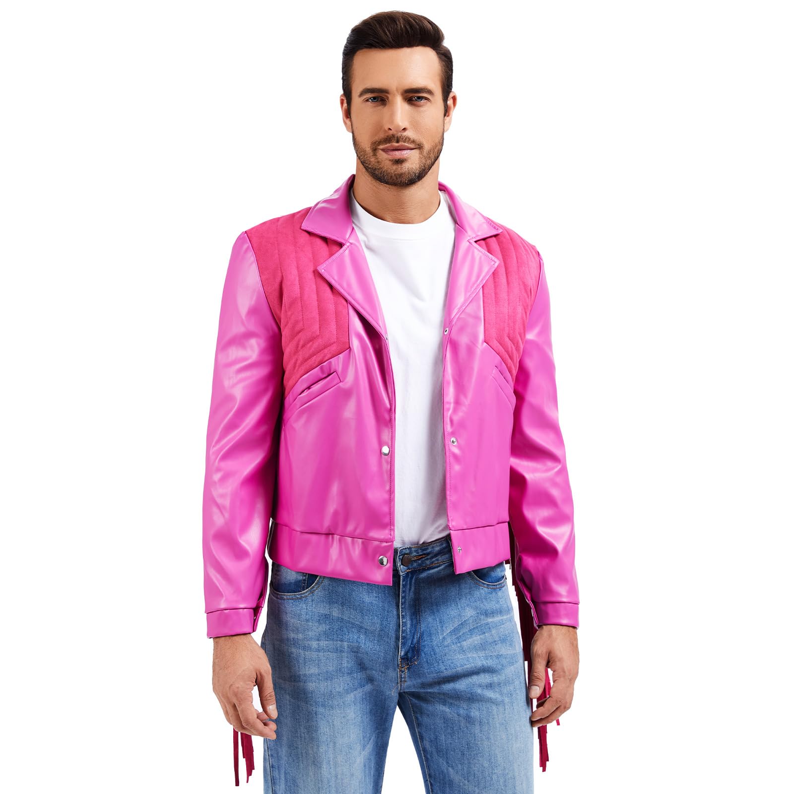 MRYUWB Halloween Western Denim Tassel Jacket, Faux Leather Role - Playing Costume (Pink, Large)