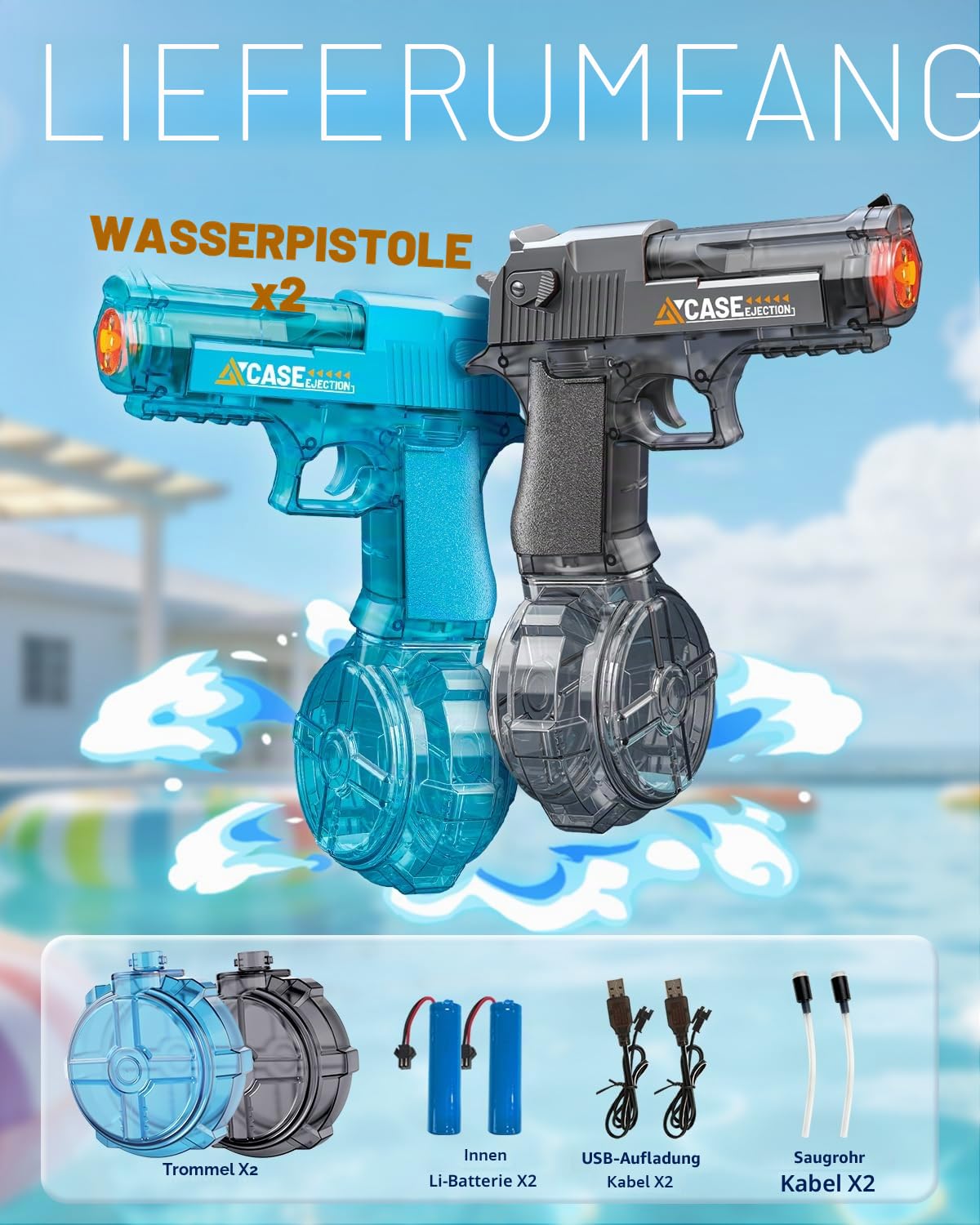 Wasserpistole Elektrisch 2 PCS, Wiederaufladbare Wasserpistolen mit Cooler LED-Flamme, 8-10 M Reichweite, Wasserspielzeug für Kinder ab 3 Jahren, Pool-Partys, Geburtstage, Ostern, Kindertagsgeschenke