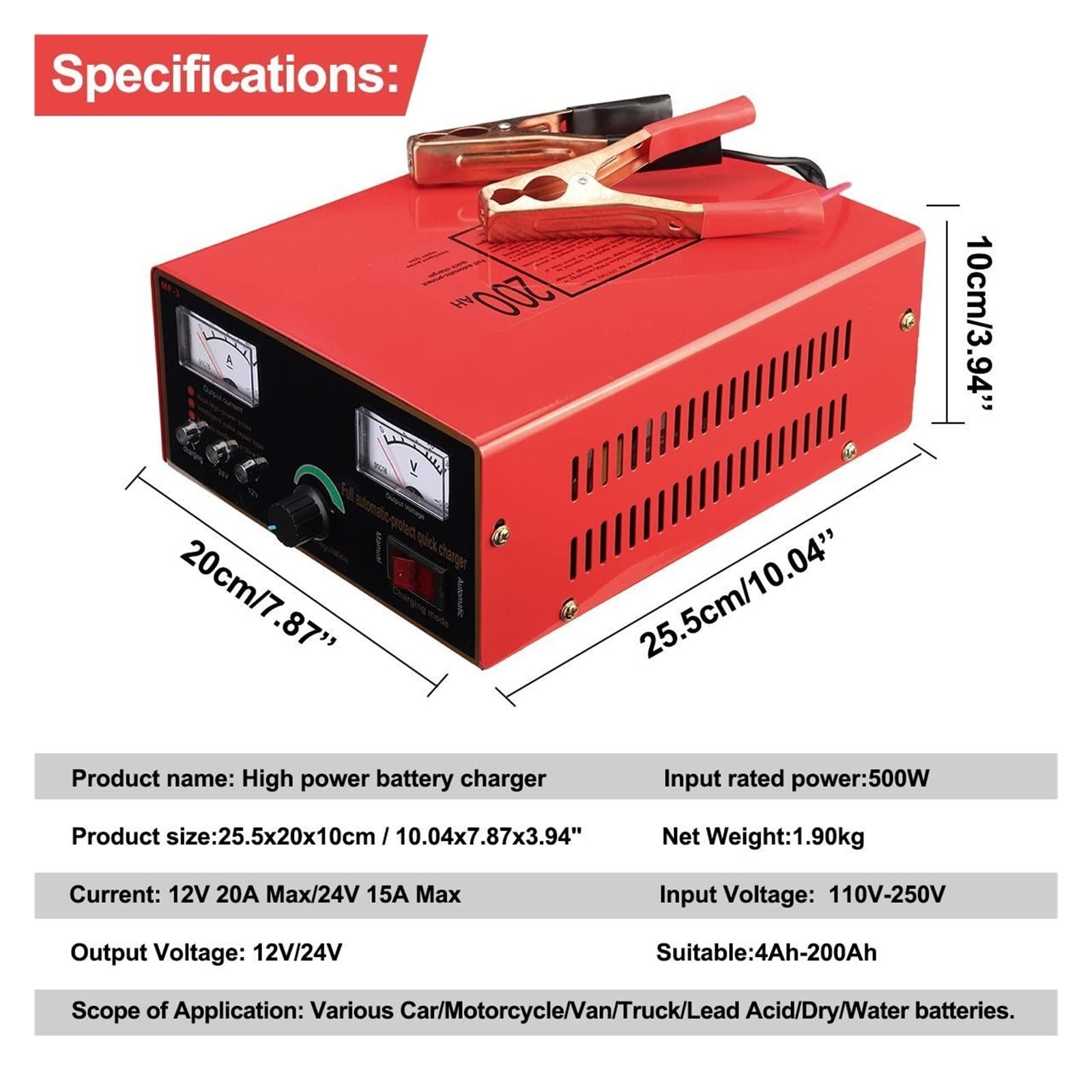 Inteligentna ładowarka podtrzymująca 500W ładowarka o dużej mocy 12V/24V 20A ładowarka samochodowa inteligentna naprawa impulsów do samochodu SUV ciężarówka silnik łodzi