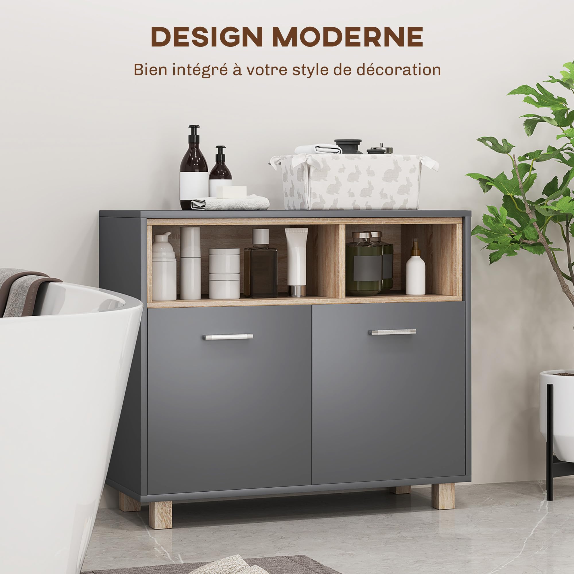 HOMCOM Meuble Salle de Bain Rangement Style Moderne 80l x 35P x 70H cm Gris